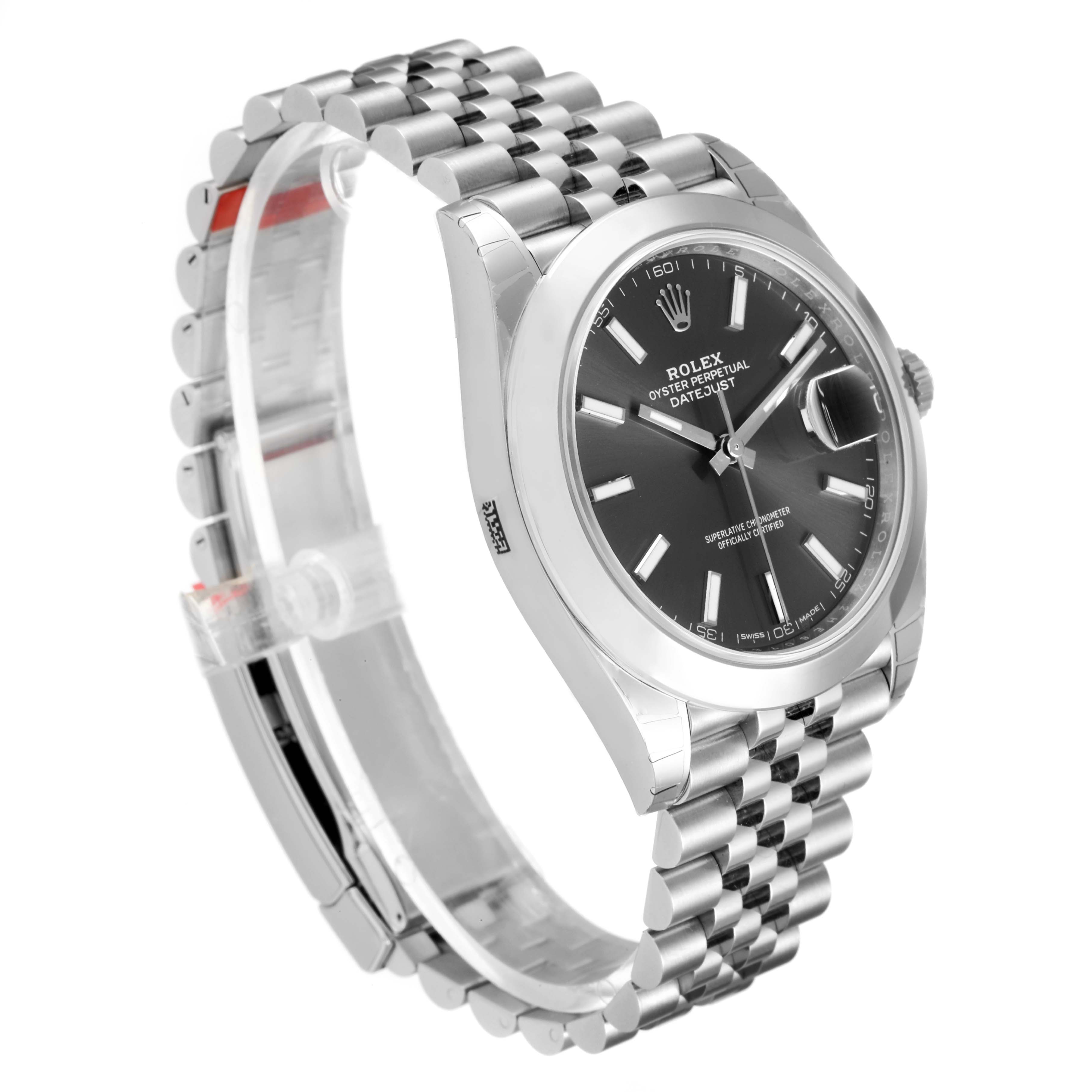 The image shows the Rolex Datejust 41 126300 Men
s Stainless Steel Grey Dial 126300 Men
s Stainless Steel Grey Dial watch at a three-quarter angle, highlighting the face, bezel, and jubilee bracelet.