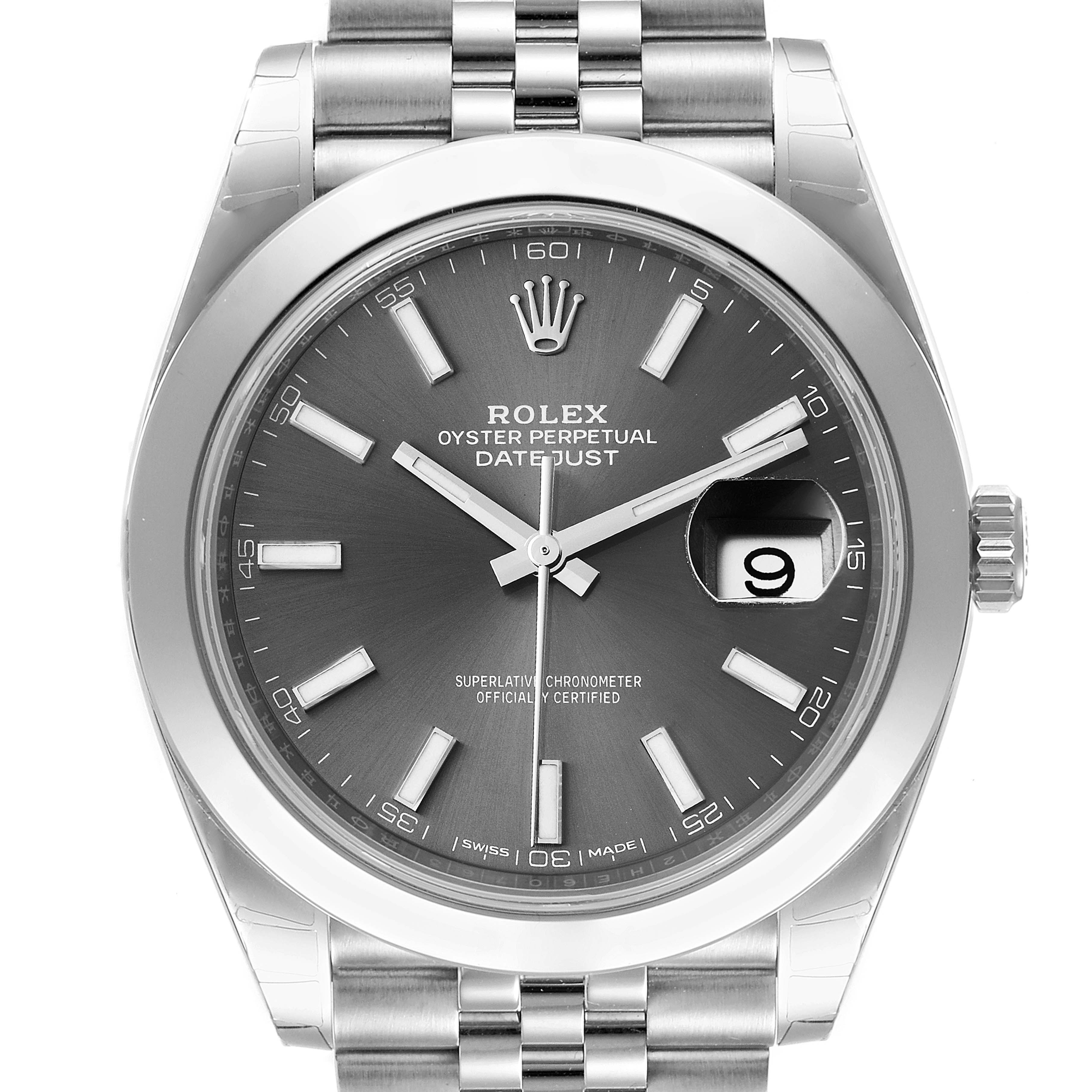 The image shows a front view of a Rolex Datejust 41 126300 Men
s Stainless Steel Grey Dial 126300 Men
s Stainless Steel Grey Dial watch, highlighting its face, bezel, and bracelet.