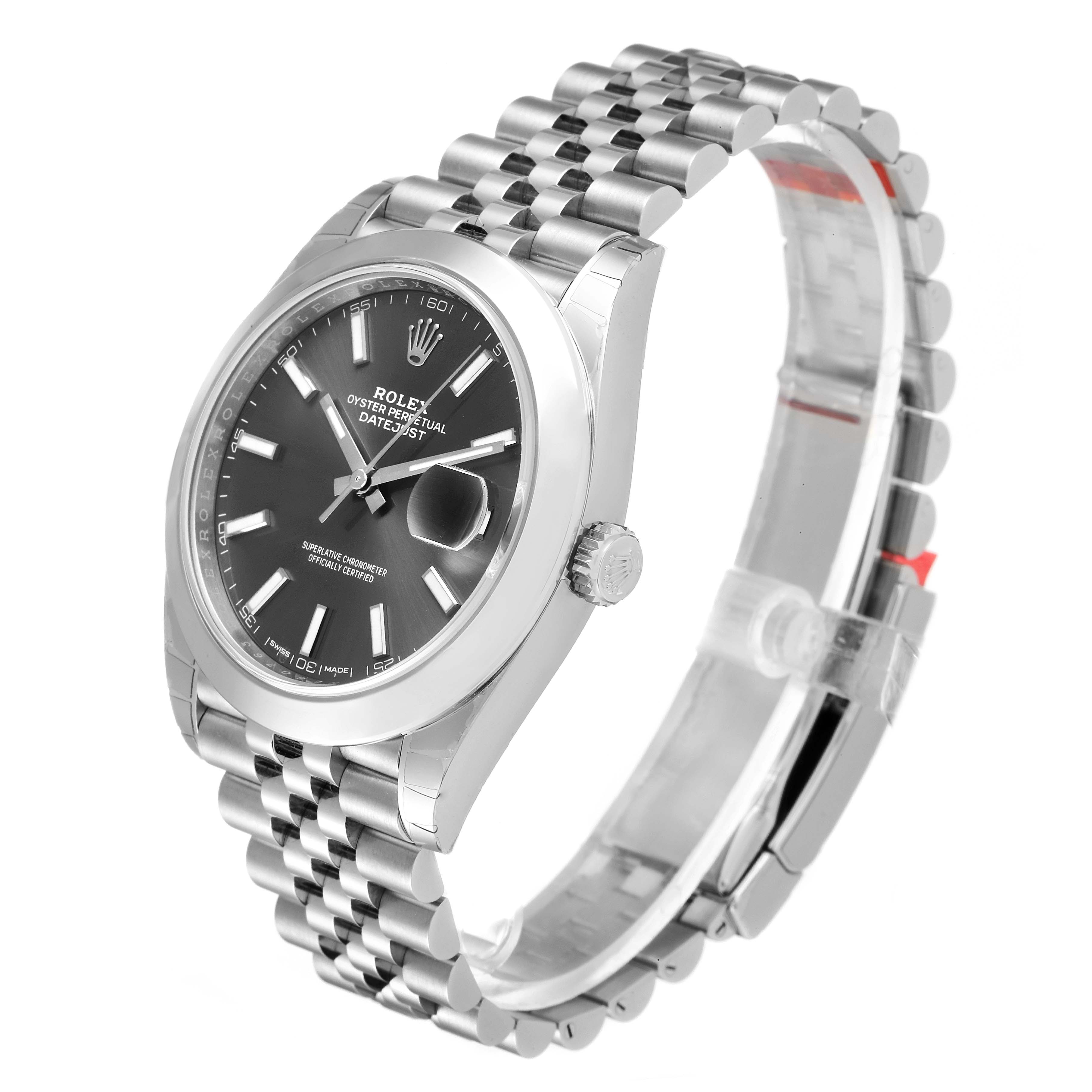 This image shows the Rolex Datejust 41 126300 Men
s Stainless Steel Grey Dial 126300 Men
s Stainless Steel Grey Dial watch at a three-quarter angle, displaying the dial, bezel, crown, and Jubilee bracelet.