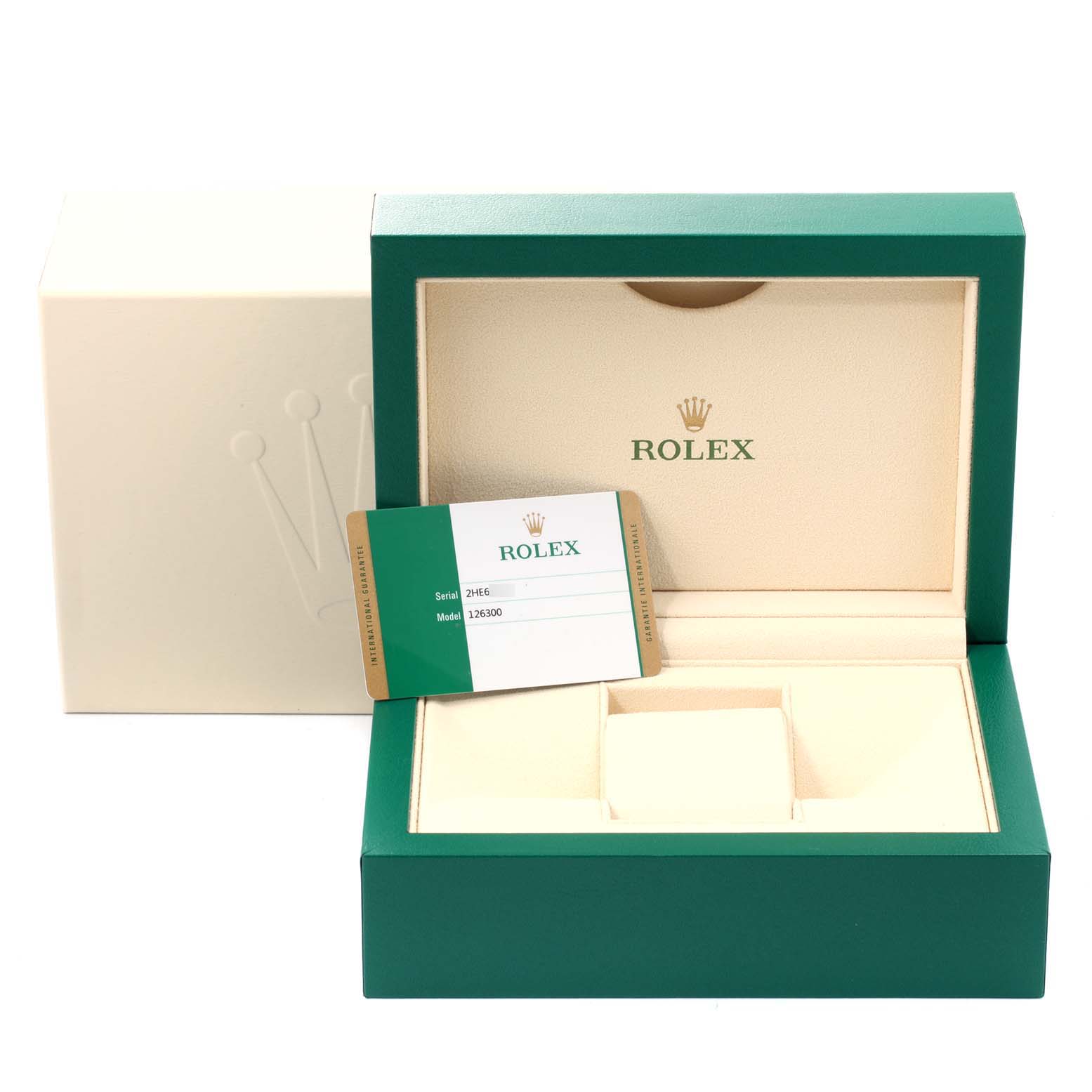 The image shows the open box and warranty card for the Rolex Datejust 41 126300 Men
s Stainless Steel Grey Dial 126300 Men
s Stainless Steel Grey Dial model.