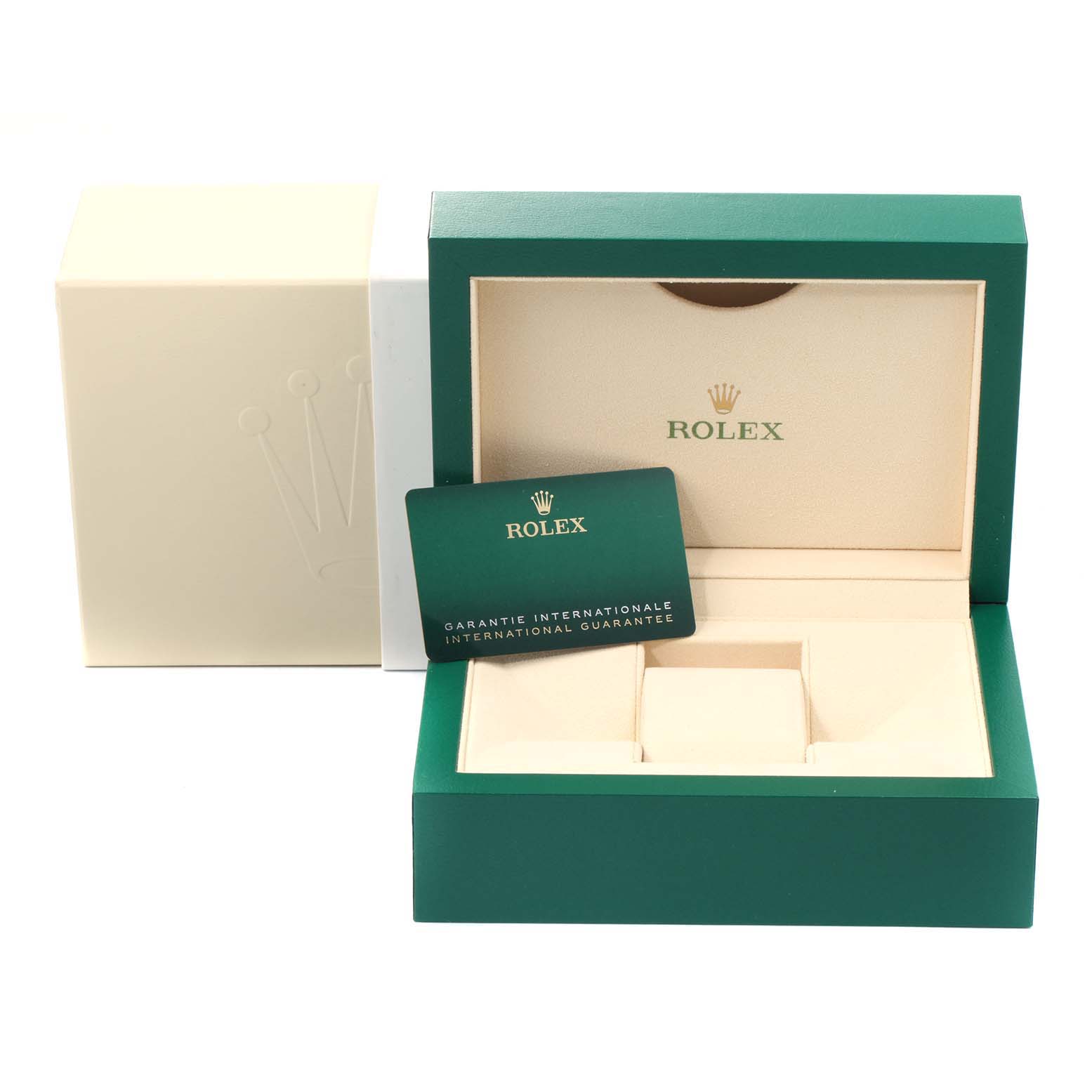 This image shows the open box and warranty card of the Rolex Datejust 41 126300 Men's Stainless Steel Grey Dial 126300 Men's Stainless Steel Grey Dial model.