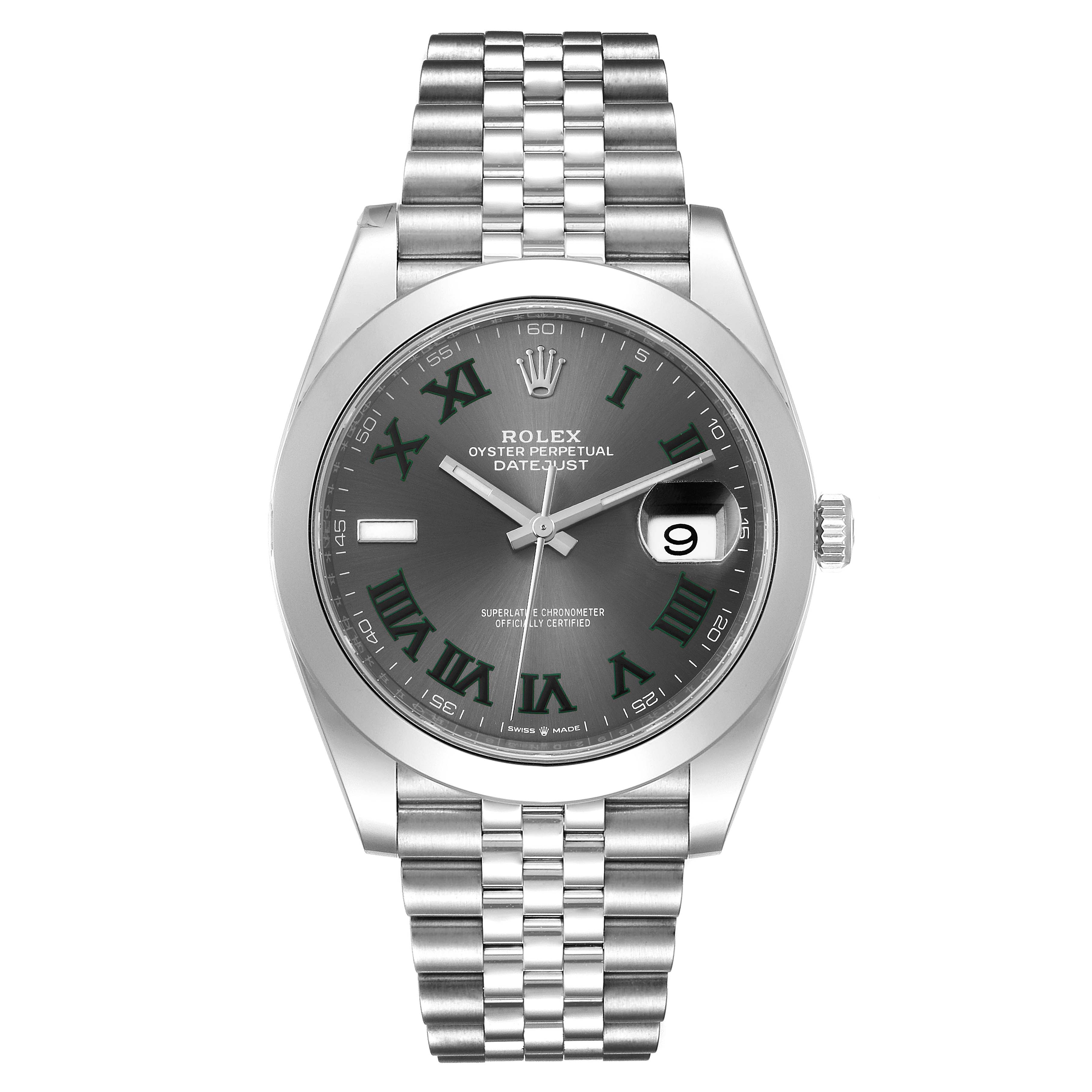 This image shows a front view of a Rolex Datejust 41 126300 Men's Stainless Steel Grey Dial 126300 Men's Stainless Steel Grey Dial watch, displaying the face, bezel, and band.