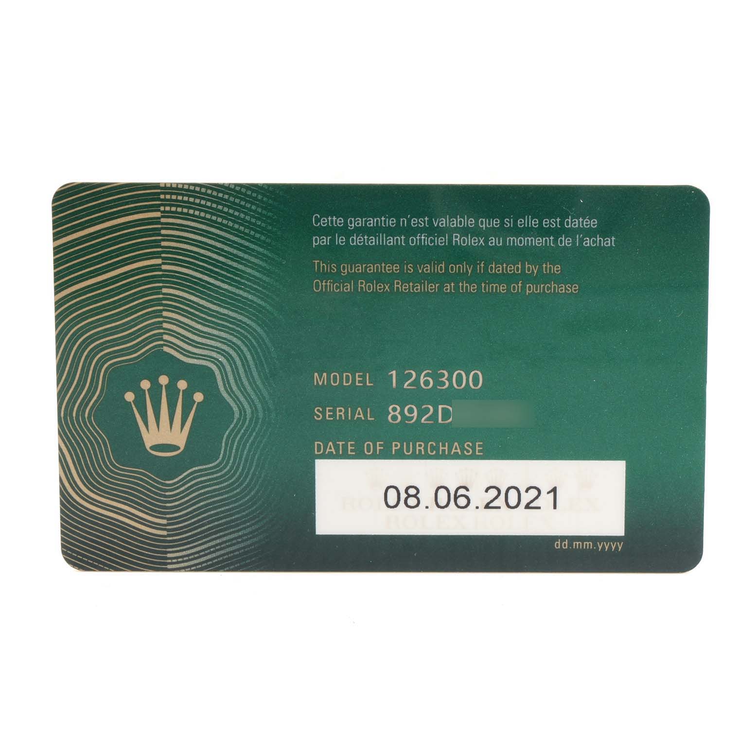 The image shows a green warranty card for a Rolex Datejust 41 126300 Men's Stainless Steel Grey Dial 126300 Men's Stainless Steel Grey Dial with model number 126300 and the purchase date 08.06.2021.