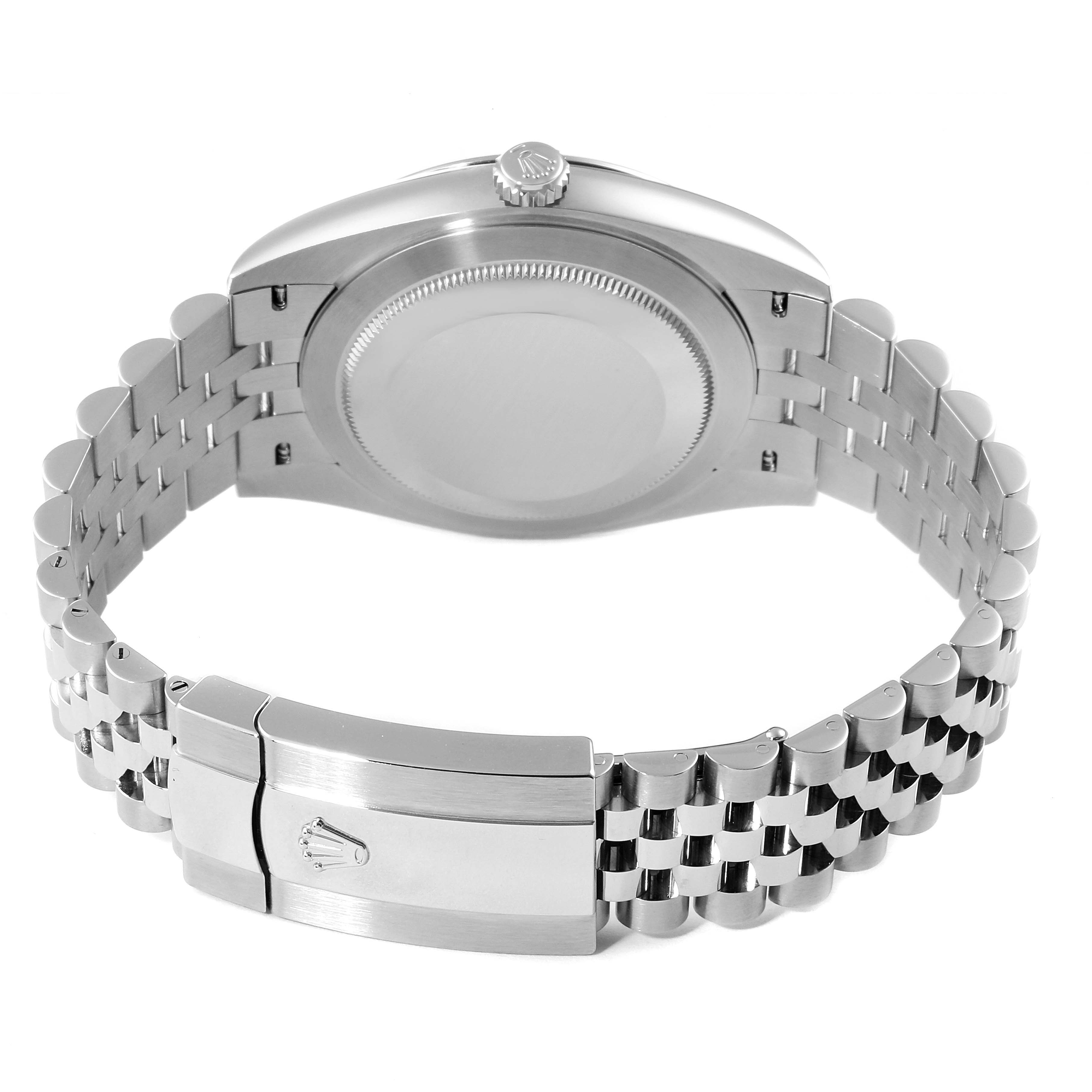 The image shows the back view of a Rolex Datejust 41 126300 Men's Stainless Steel Grey Dial 126300 Men's Stainless Steel Grey Dial watch, highlighting its case back, crown, and Jubilee bracelet with clasp.