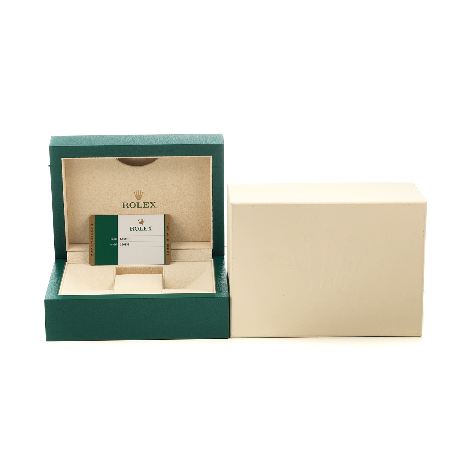 The image shows a Rolex Datejust 41 126333 Men's Steel and Gold (two tone) Mother of Pearl Dial watch box, warranty card, and outer packaging from a front angle.