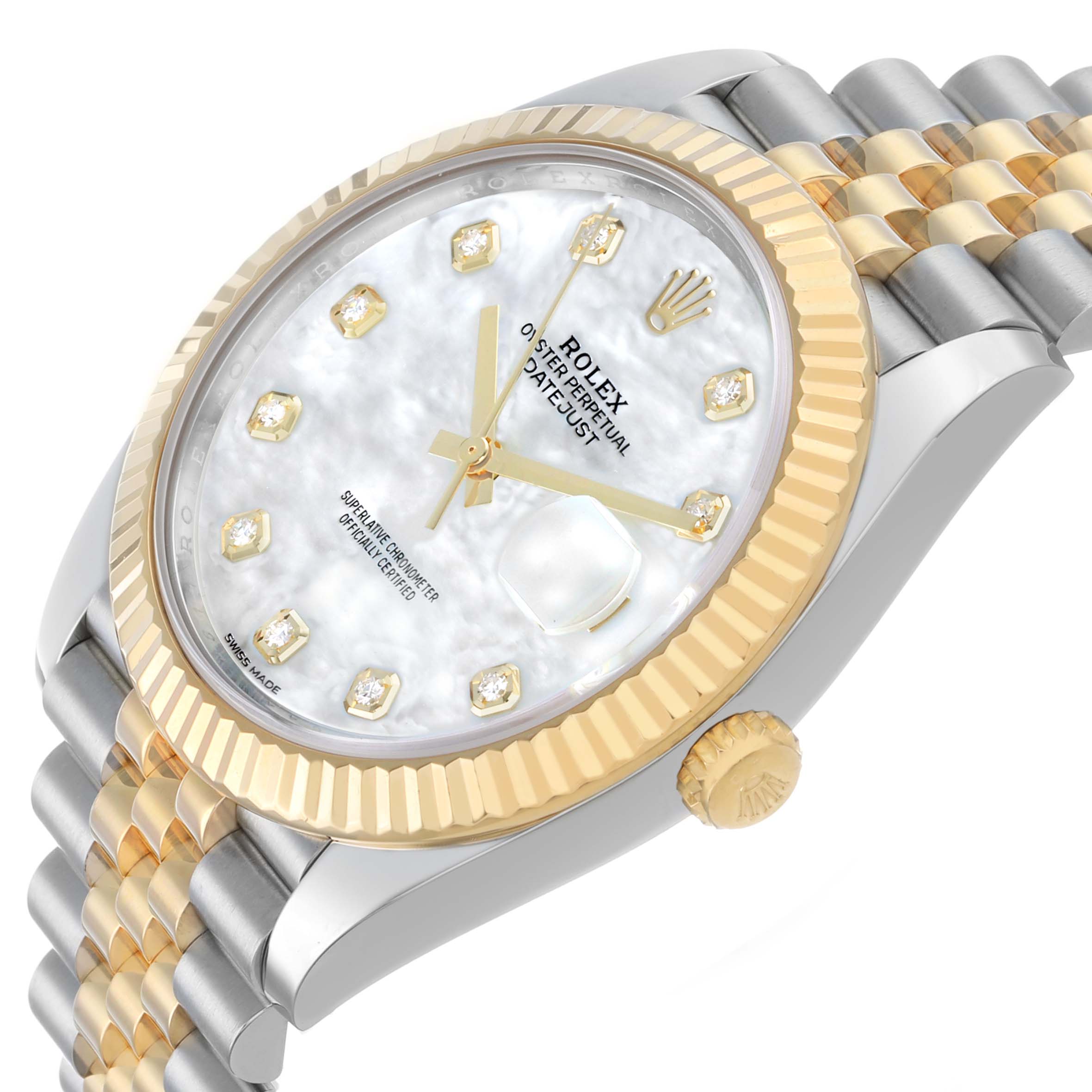 The Rolex Datejust 41 126333 Men's Steel and Gold (two tone) Mother of Pearl Dial is shown at an angled view, highlighting the dial, fluted bezel, and part of the two-tone bracelet.