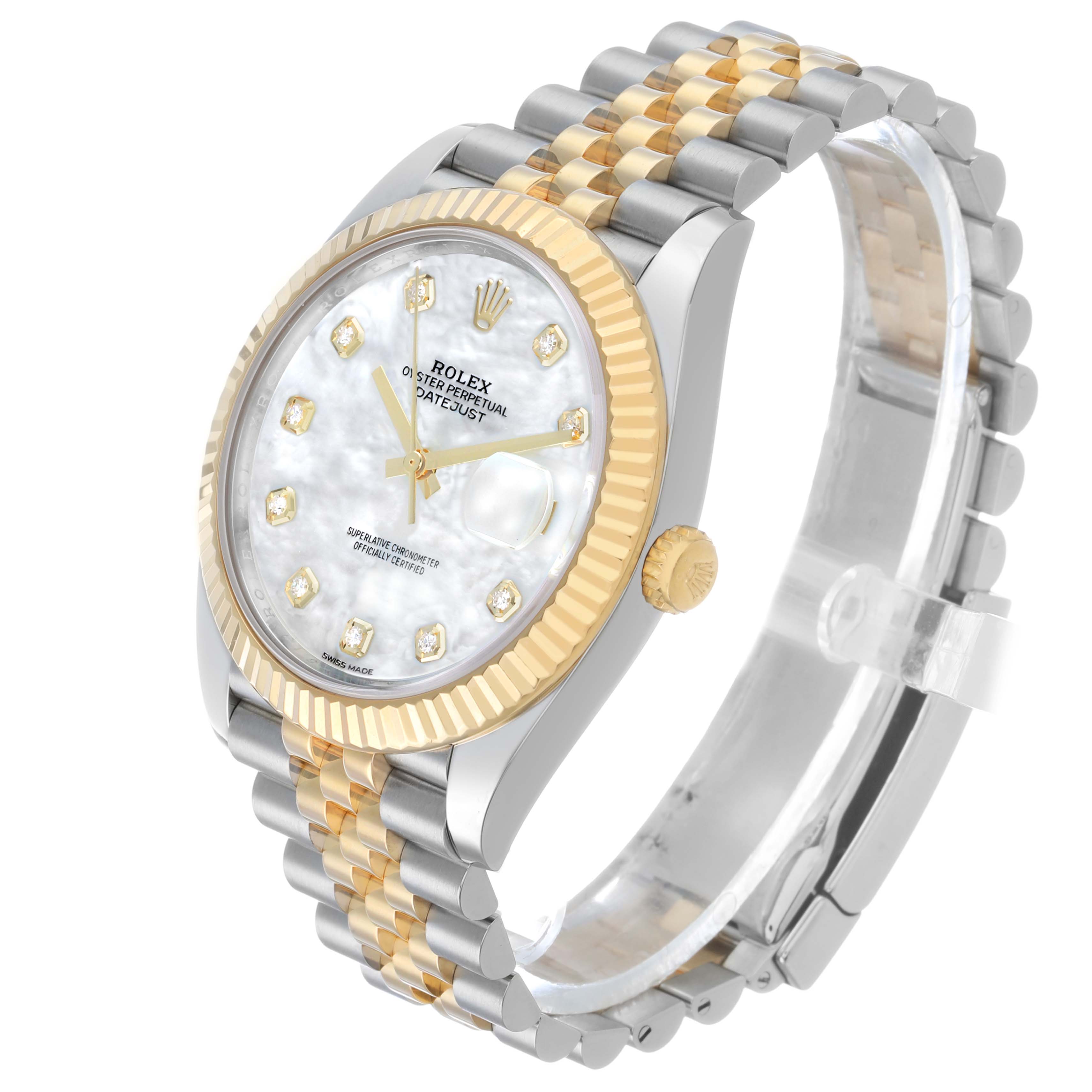 The Rolex Datejust 41 126333 Men's Steel and Gold (two tone) Mother of Pearl Dial is shown at a three-quarter angle, highlighting the dial, fluted bezel, crown, and Jubilee bracelet.