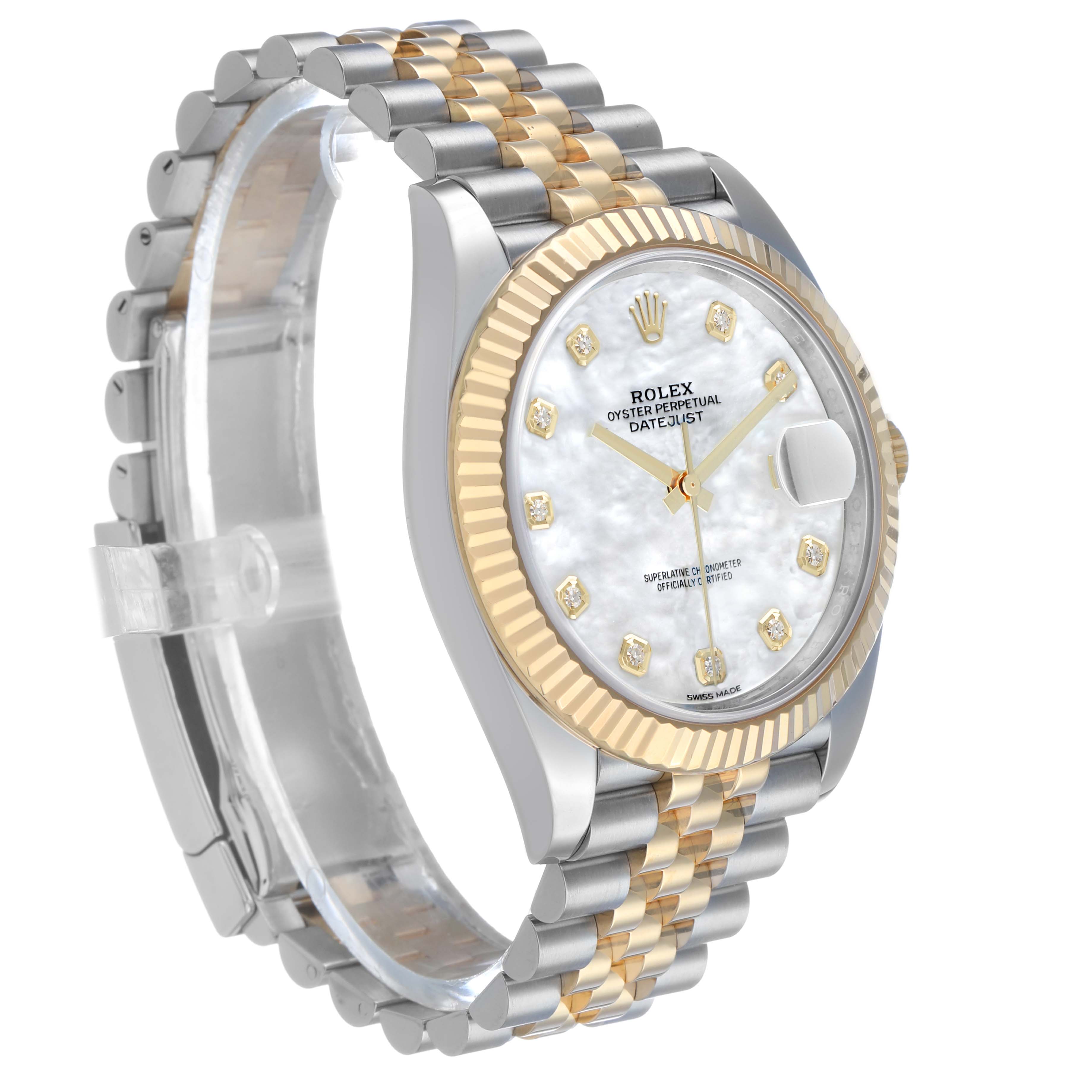 The Rolex Datejust 41 126333 Men's Steel and Gold (two tone) Mother of Pearl Dial watch is shown from a three-quarter angle, highlighting the bezel, dial, case, and parts of the bracelet.