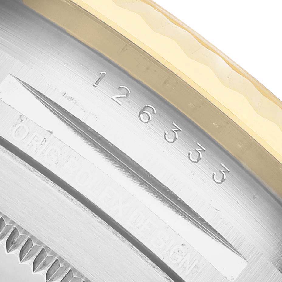 The image shows a close-up of the bezel and inner rim of a Rolex Datejust 41 126333 Men's Steel and Gold (two tone) Mother of Pearl Dial, displaying the model number.