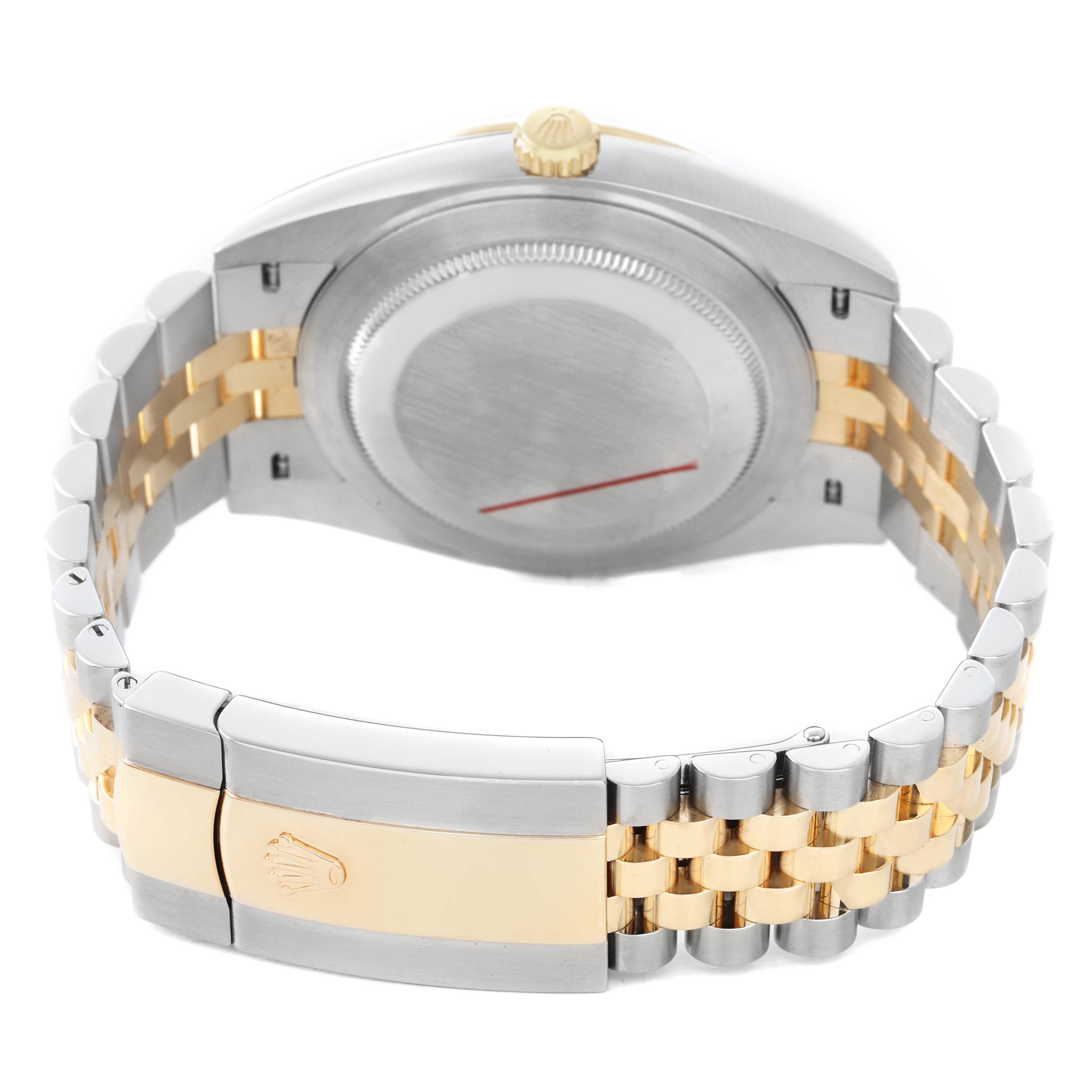 The Rolex Datejust 41 126333 Men's Steel and Gold (two tone) Mother of Pearl Dial is shown from the back, highlighting the case back, crown, and Jubilee bracelet.