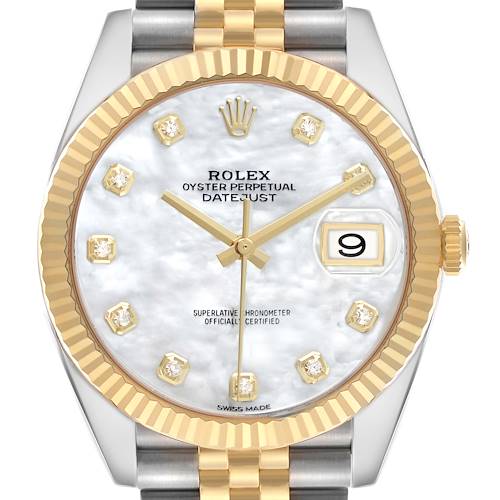 The Rolex Datejust 41 126333 Men's Steel and Gold (two tone) Mother of Pearl Dial watch is shown from a front angle, highlighting the dial, bezel, and part of the bracelet.