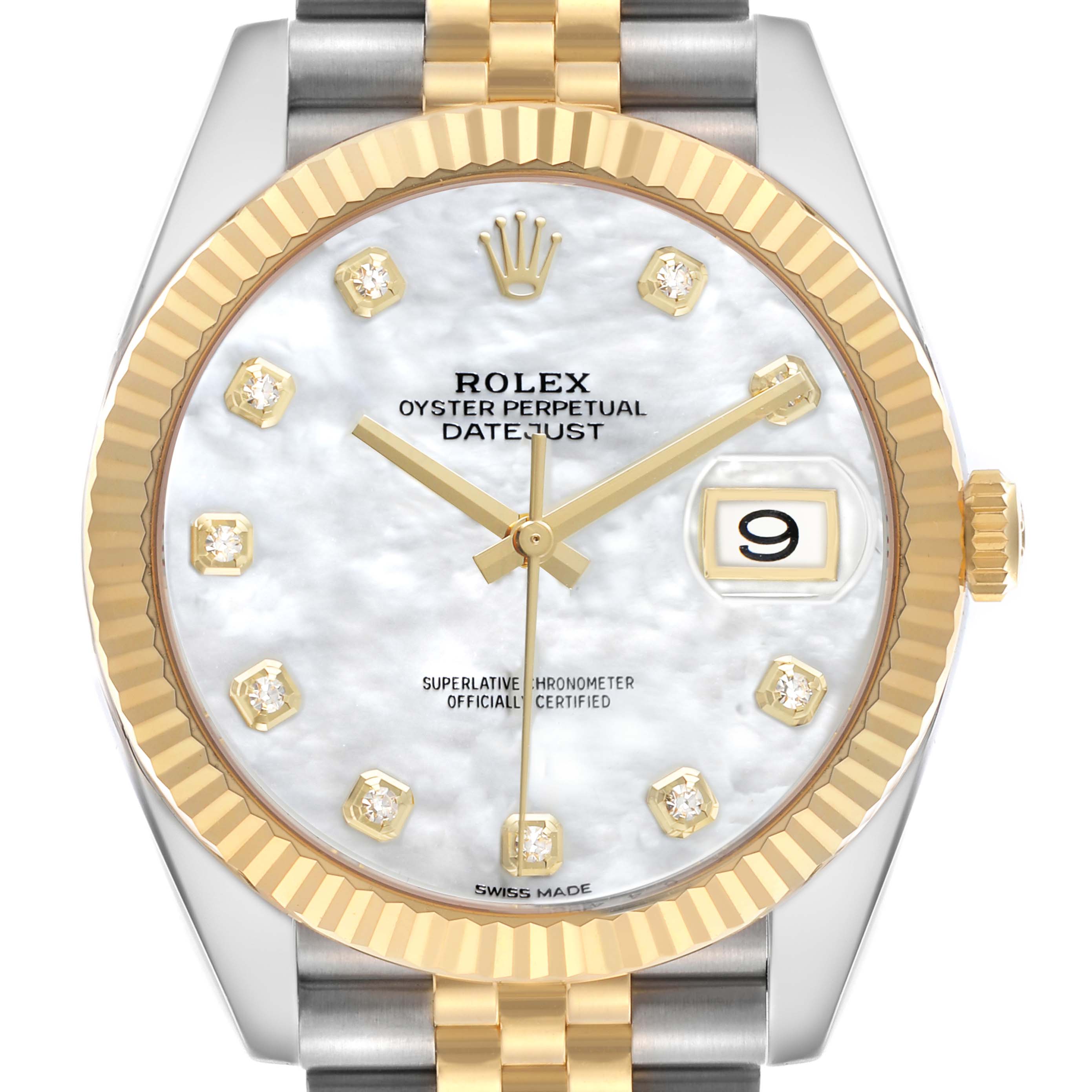 The Rolex Datejust 41 126333 Men's Steel and Gold (two tone) Mother of Pearl Dial watch is shown from the front, highlighting the dial, bezel, markers, and part of the bracelet.