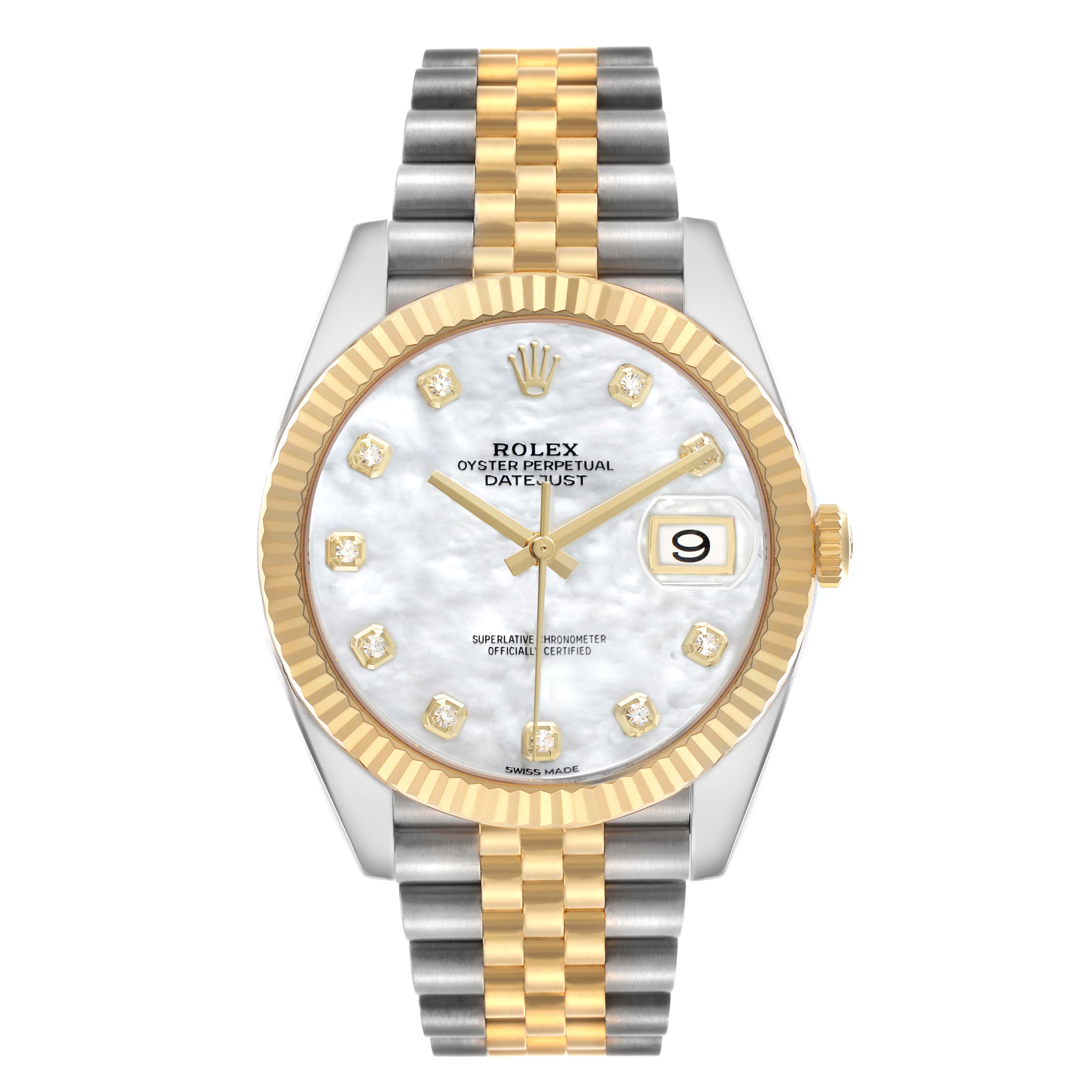 The Rolex Datejust 41 126333 Men's Steel and Gold (two tone) Mother of Pearl Dial watch is shown from a front angle, highlighting its two-tone bracelet, fluted bezel, and mother-of-pearl dial.