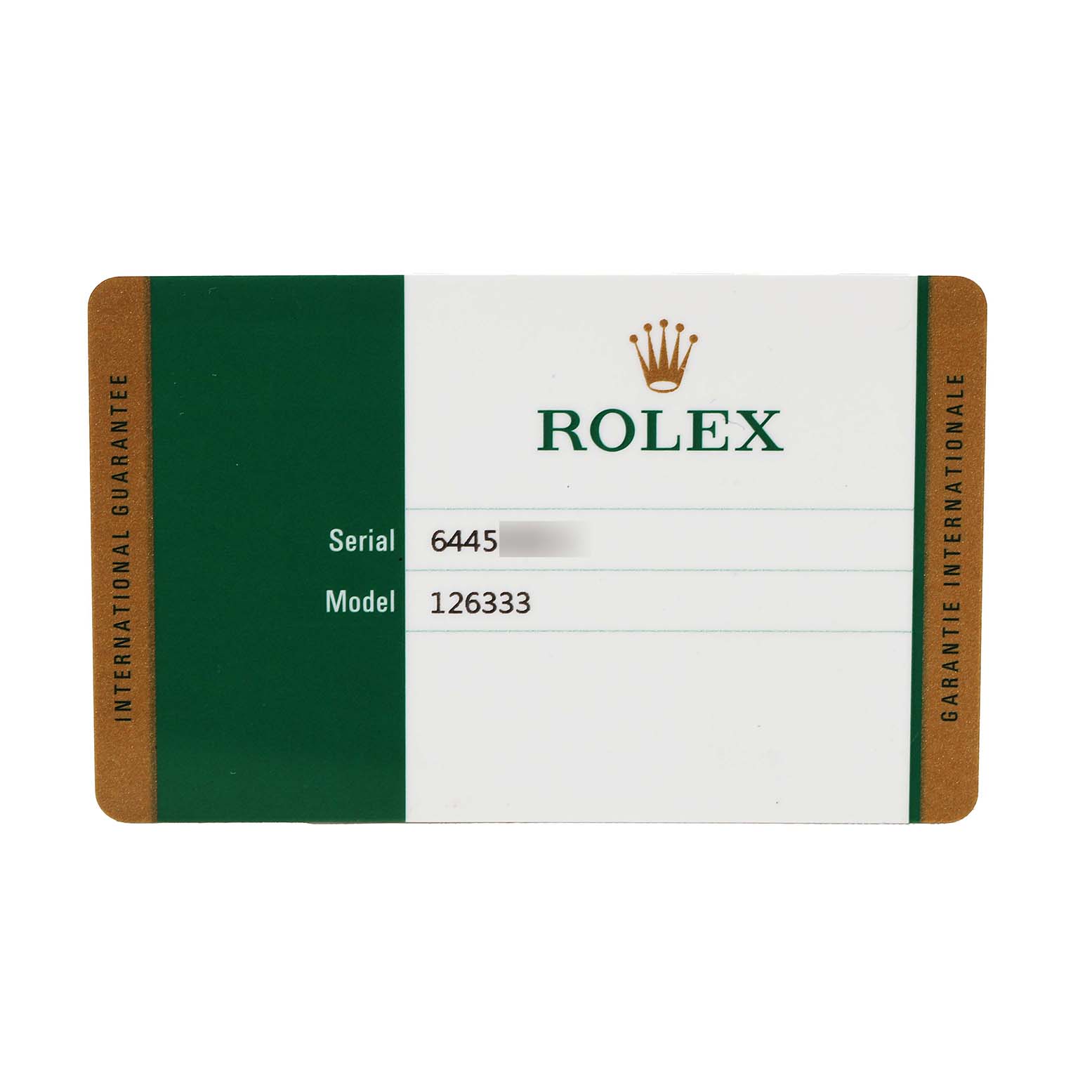 The image shows a Rolex international guarantee card for a Datejust 41 model, showing serial and model numbers.