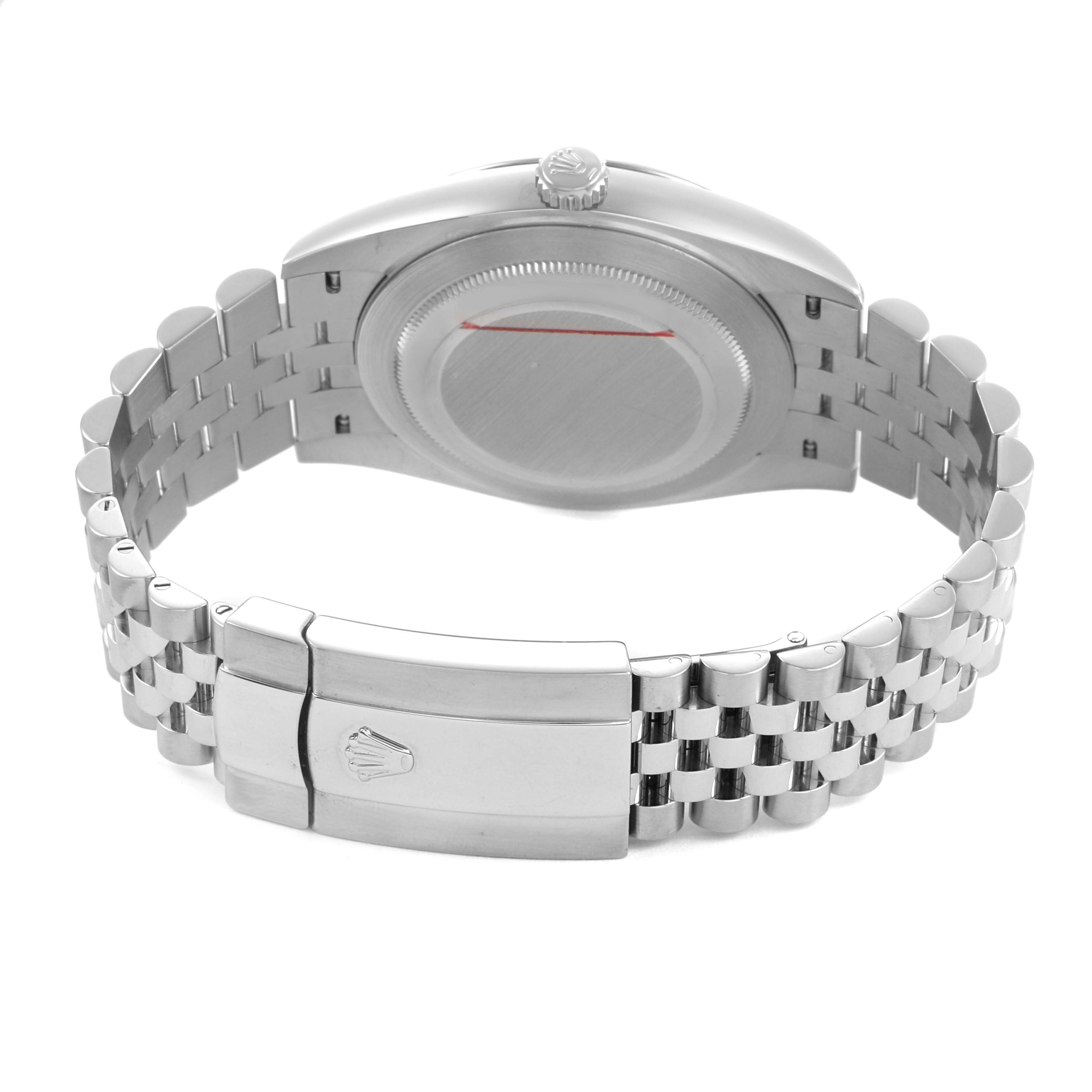 The image shows the Rolex Datejust 41 126334 Men's Stainless Steel Blue Dial from the back, highlighting the clasp and Jubilee bracelet.