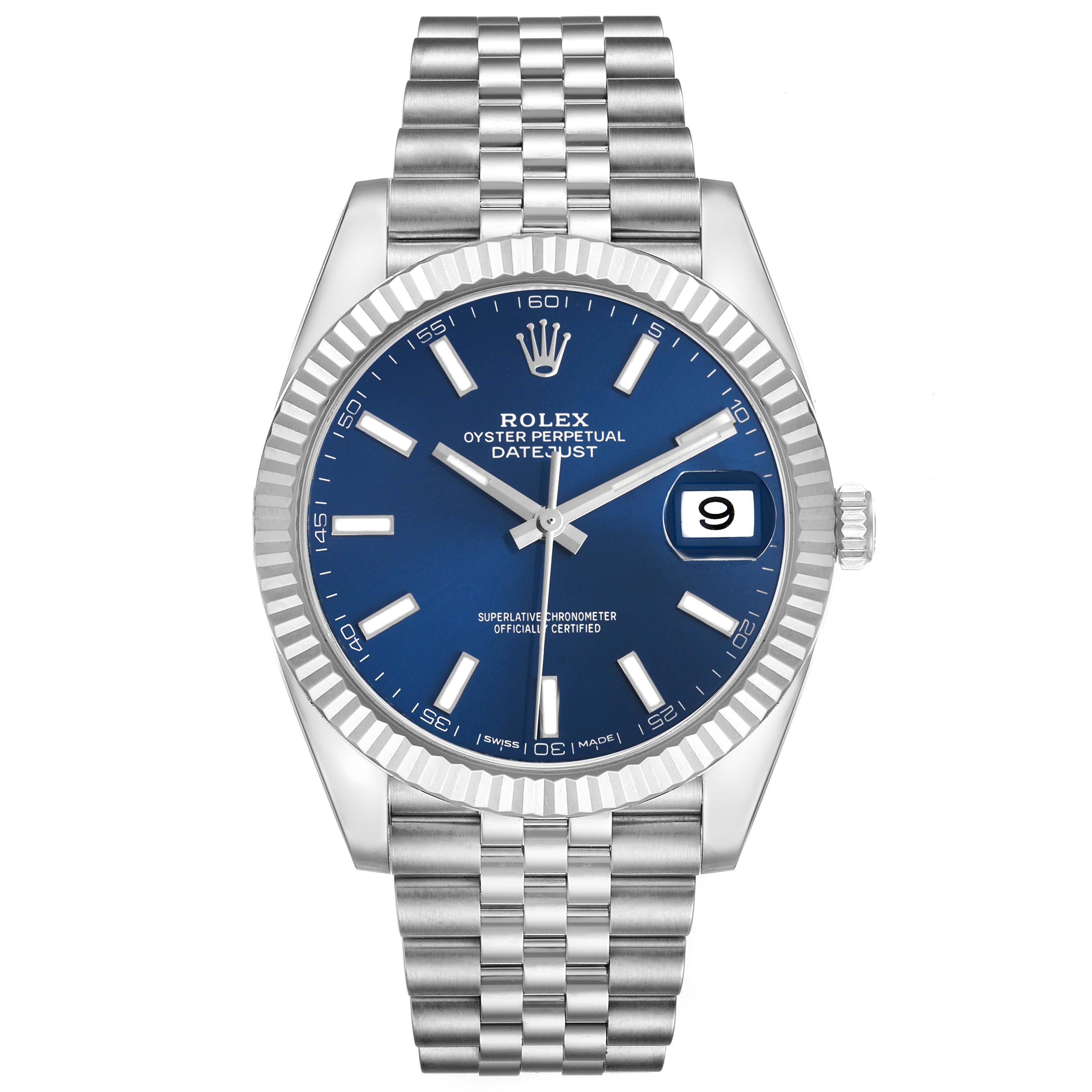 The Rolex Datejust 41 126334 Men's Stainless Steel Blue Dial watch is shown from the front, featuring the face, bezel, and bracelet.