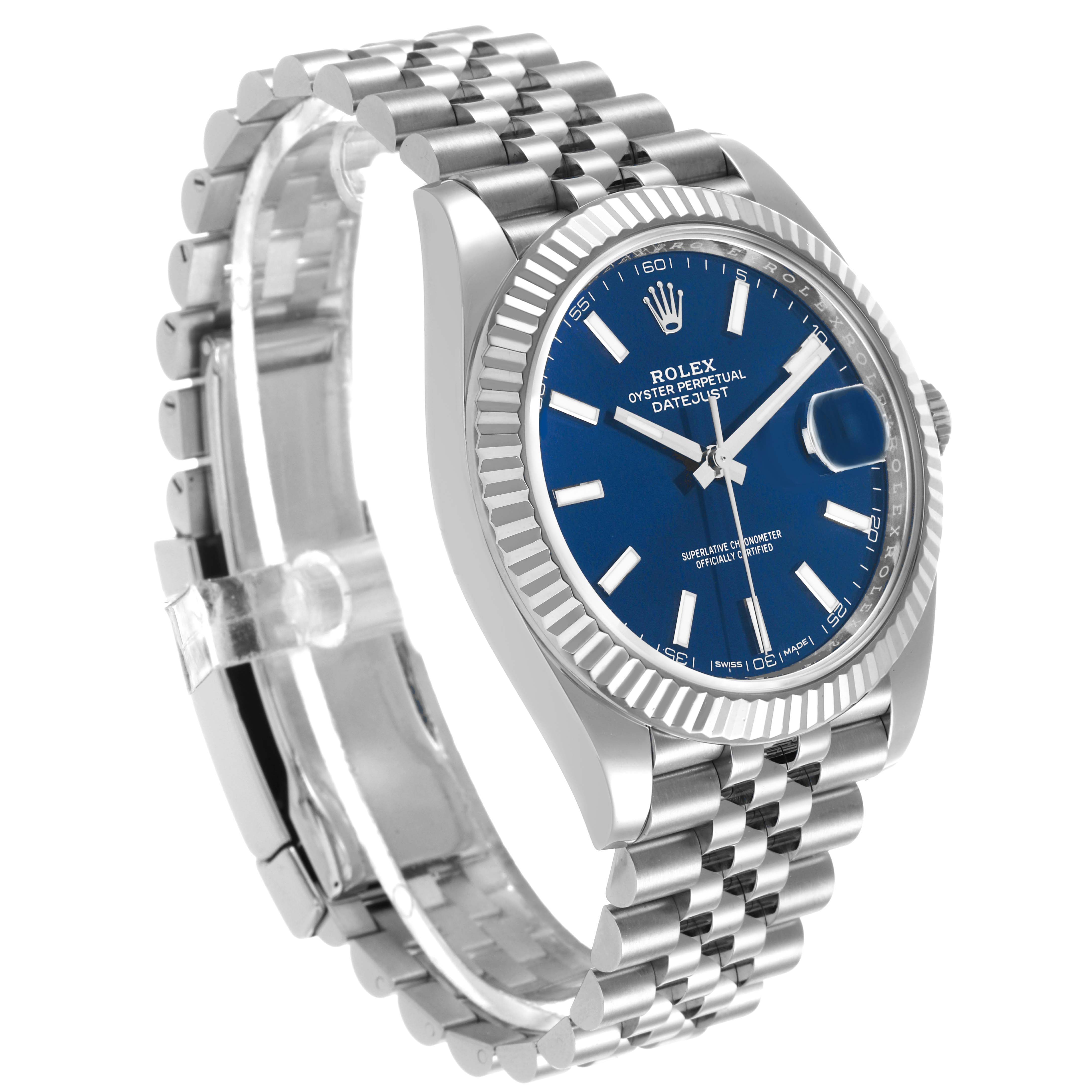 The Rolex Datejust 41 126334 Men's Stainless Steel Blue Dial is shown from a front angled view, highlighting the blue dial, fluted bezel, and Jubilee bracelet.