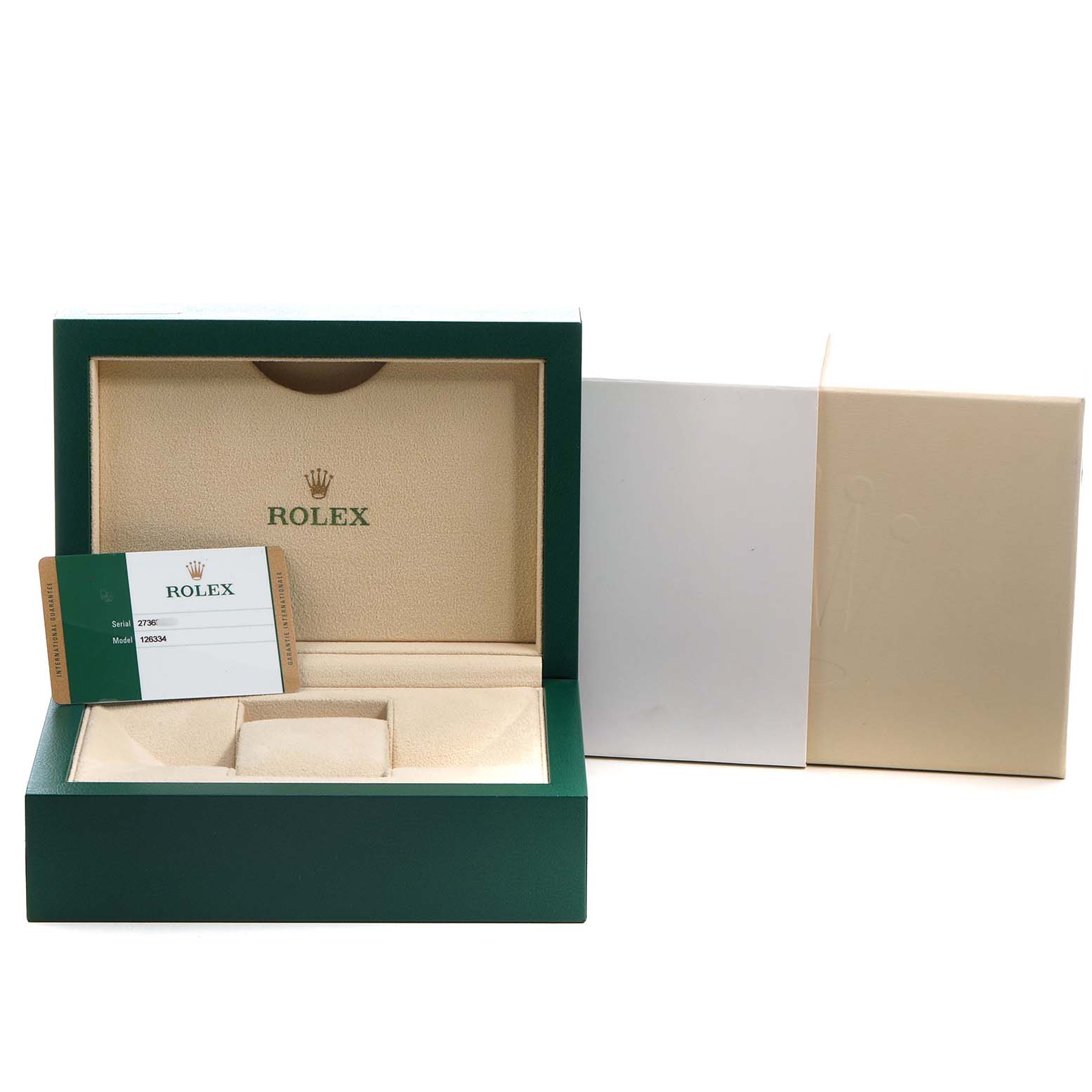 The image shows the Rolex Datejust 41 126334 Men's Stainless Steel Blue Dial packaging, including an empty green box, a beige cushion, and a warranty card.