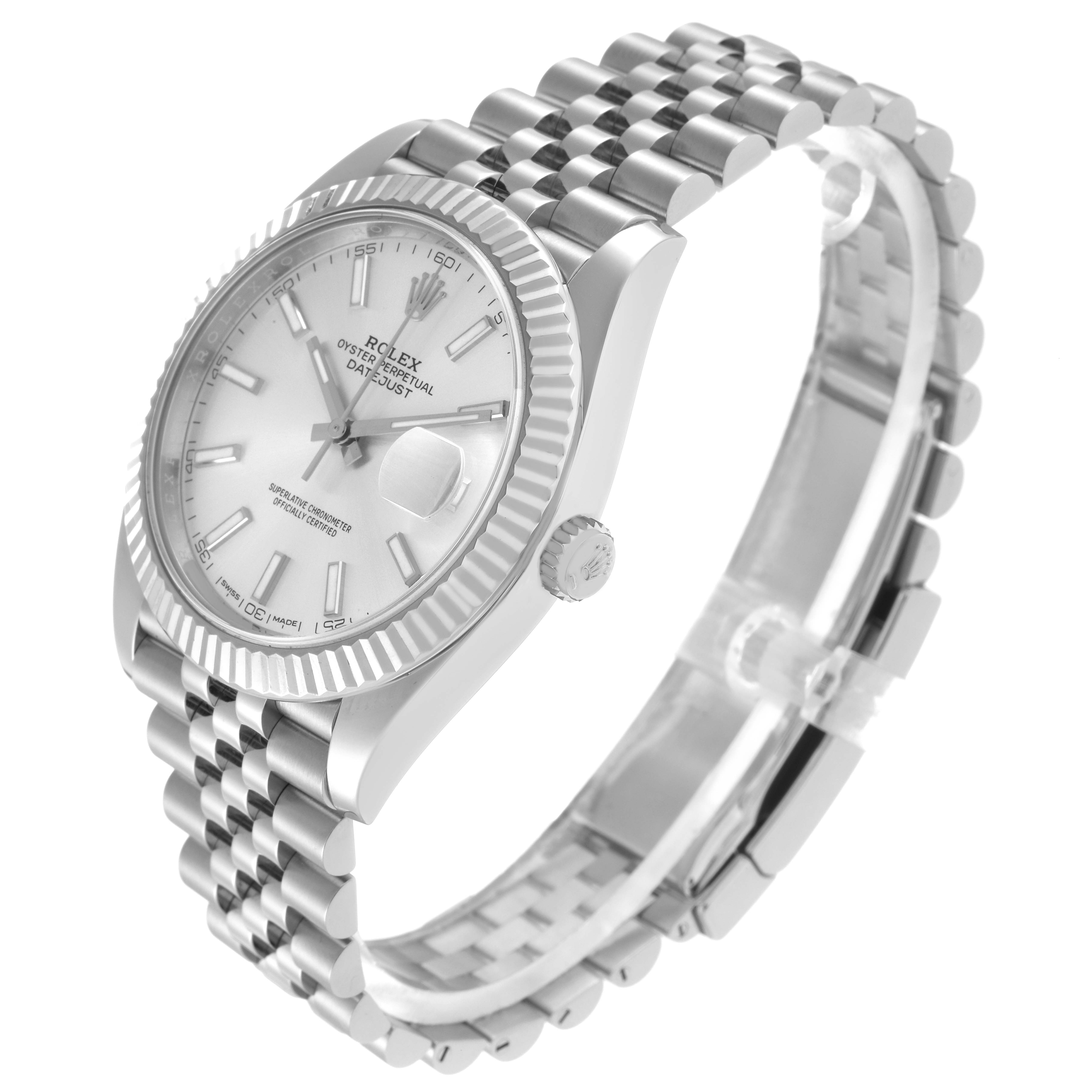 The Rolex Datejust 41, model 126334, is shown at an angled view highlighting the fluted bezel, face, crown, and the Jubilee bracelet.