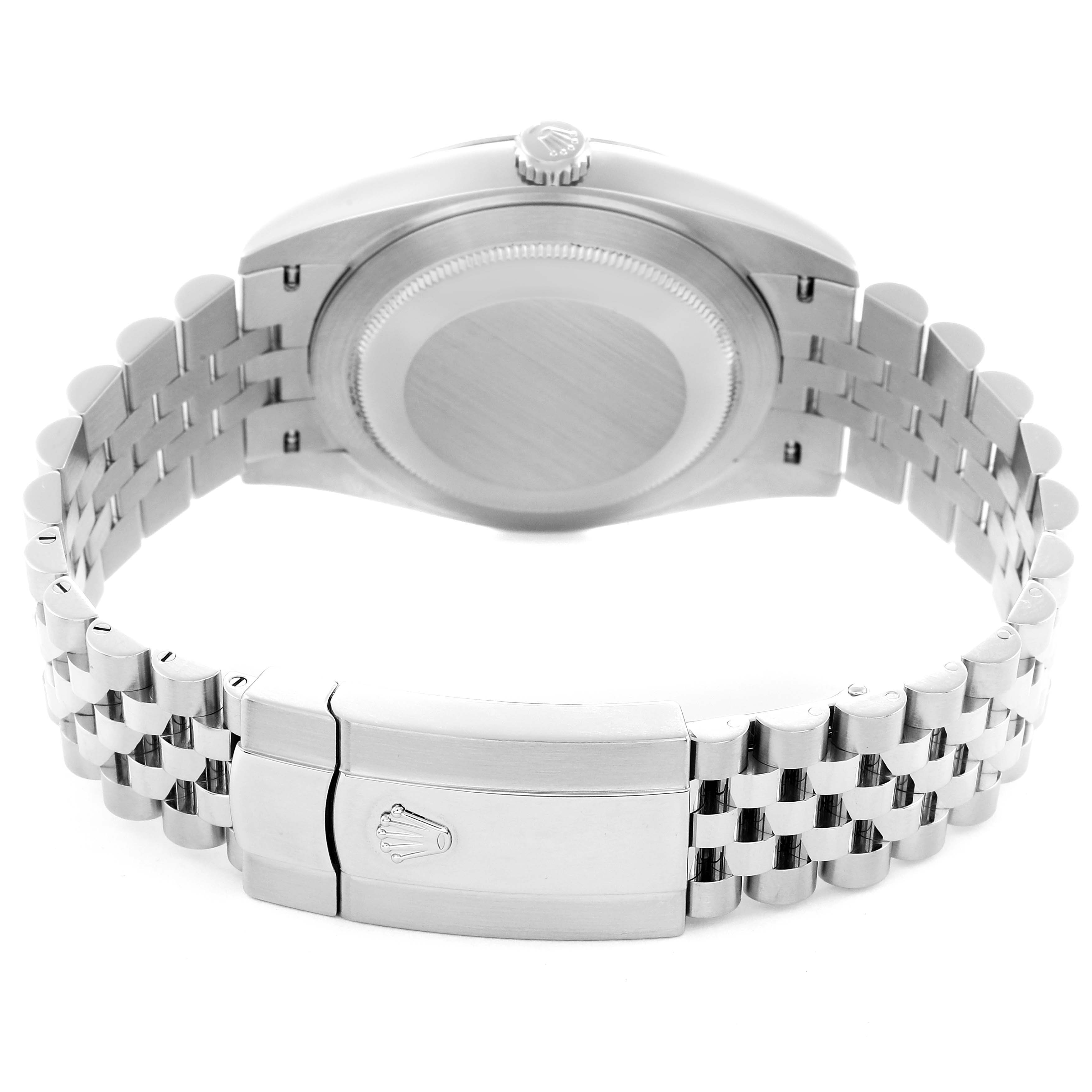 The image shows the back and bracelet of a Rolex Datejust 41 model, model number 126334, focusing on the clasp and case back from a rear angle.