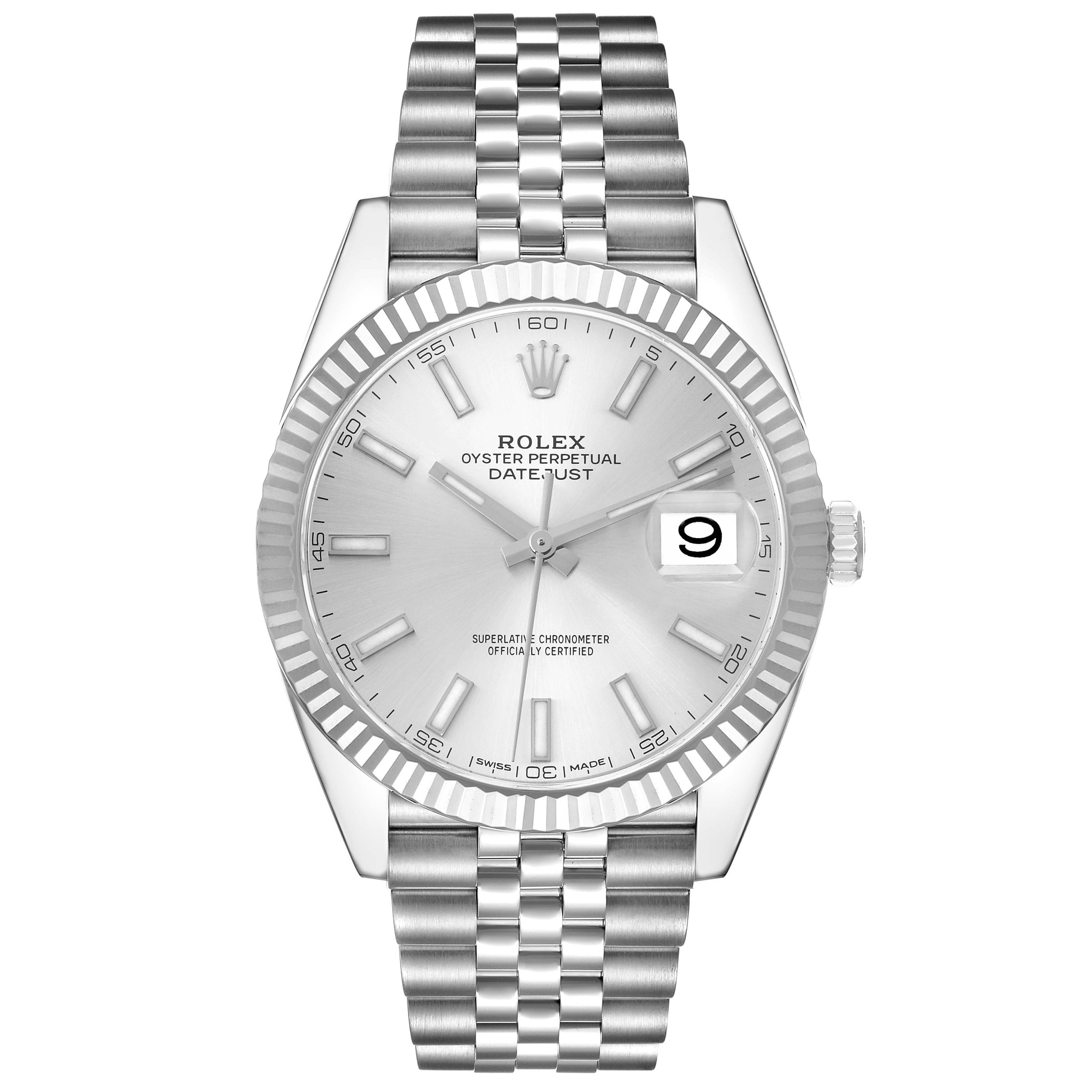 The image shows a front view of a Rolex Datejust 41 (model number 126334) mens watch, highlighting the dial, fluted bezel, bracelet, and date window.