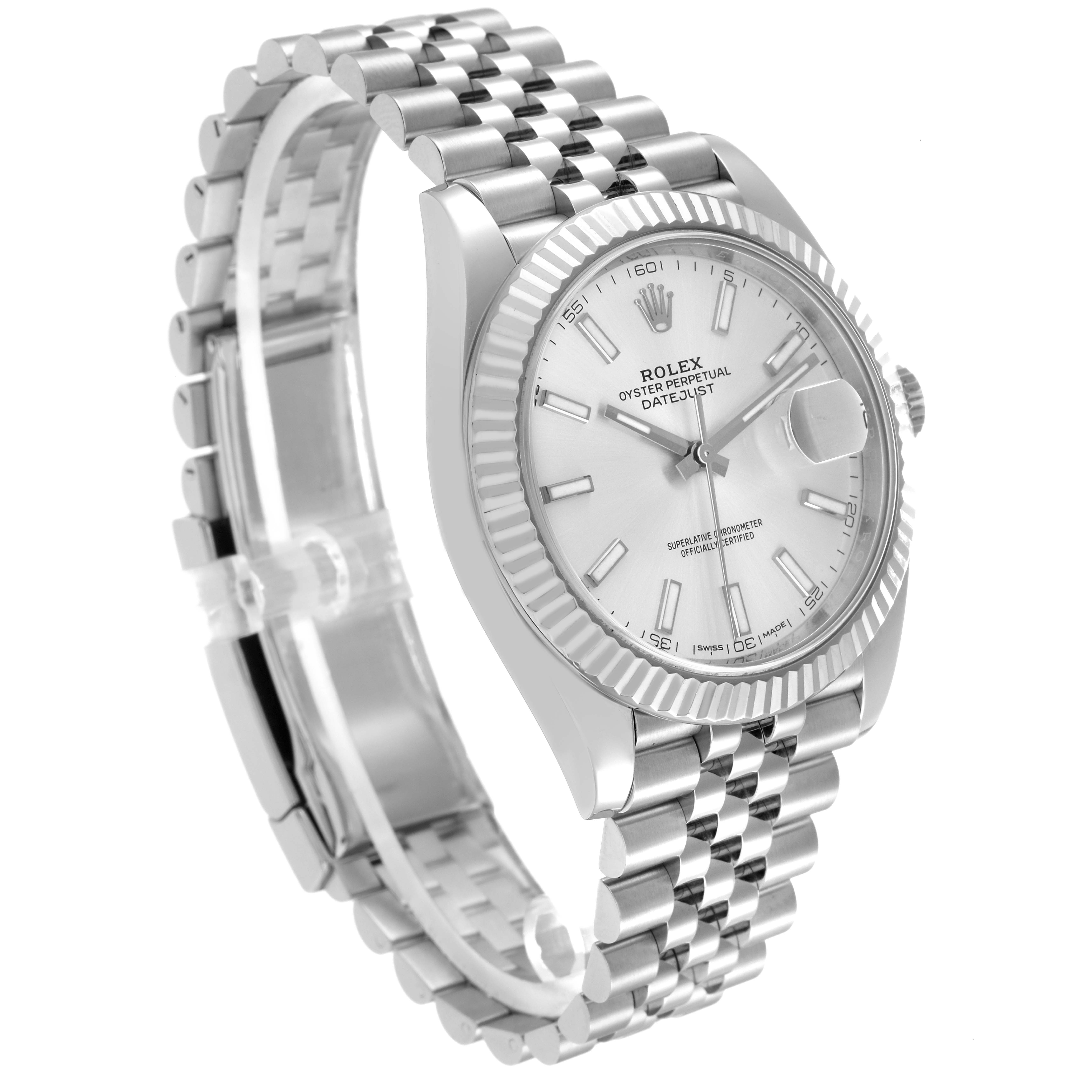 The Rolex Datejust 41, model 126334, is shown at a three-quarter angle, highlighting the bezel, dial, and bracelet.