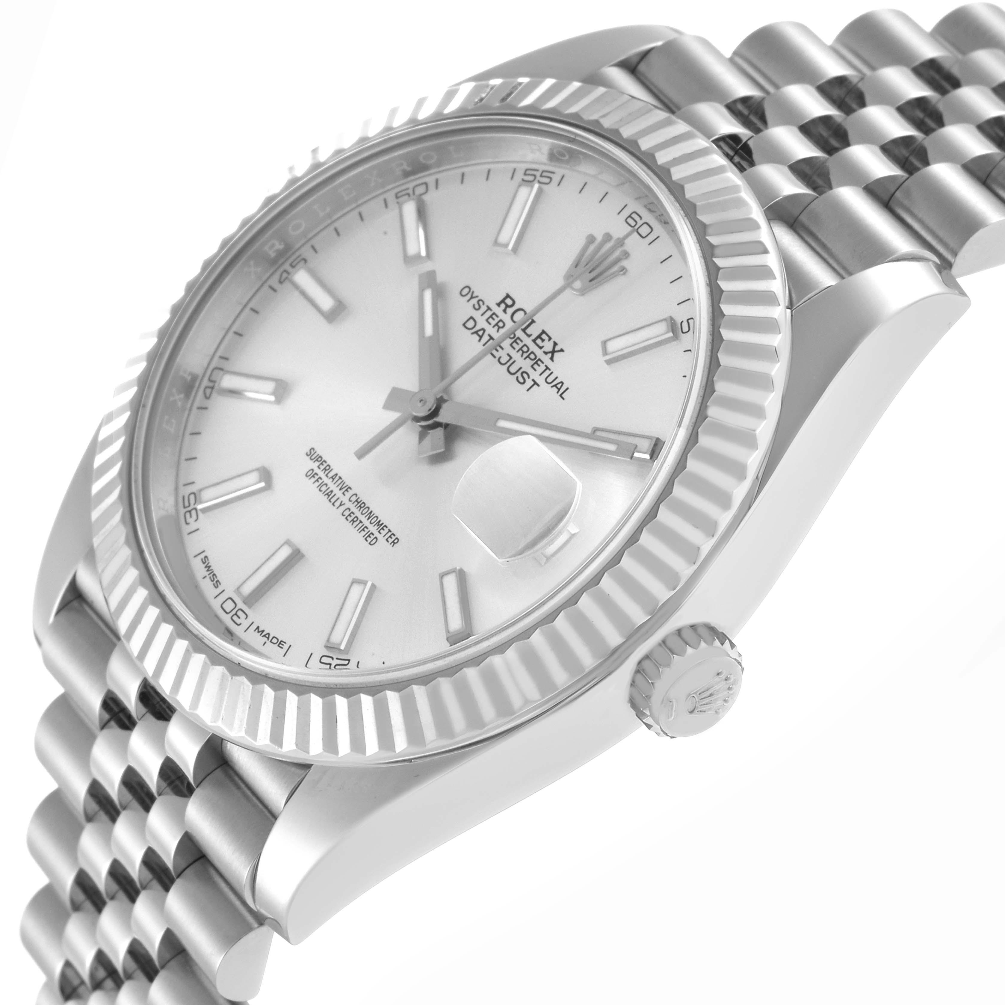The image shows a Rolex Datejust 41, model number 126334, at an angled close-up highlighting the dial, bezel, crown, and part of the bracelet.