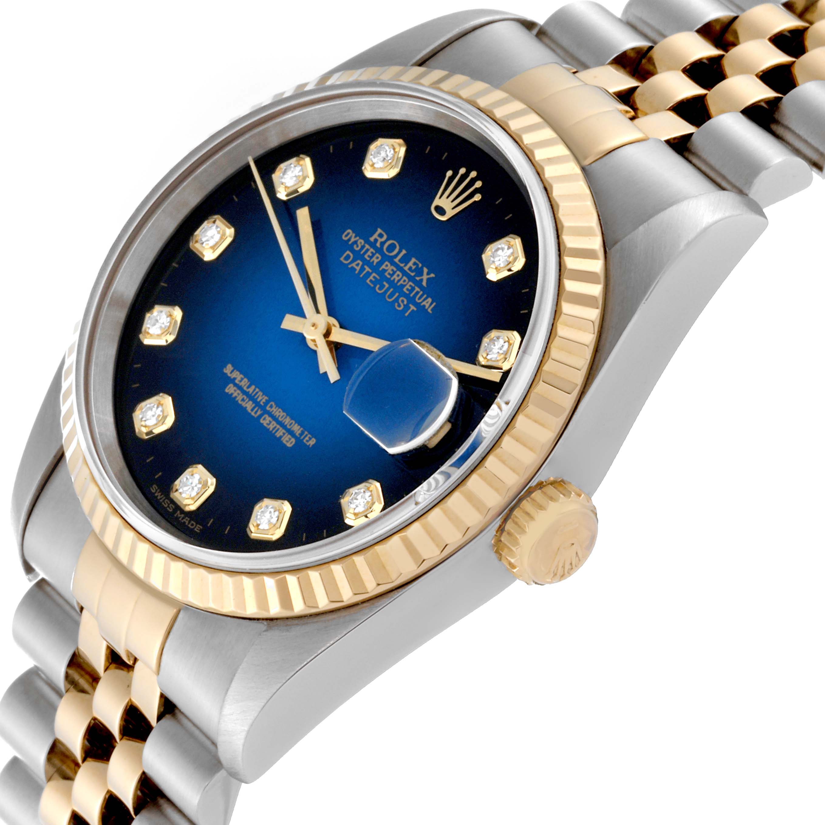 This image shows a close-up angle of the Rolex Datejust 16233 Men's Steel and Gold (two tone) Blue Dial 16233 Men's Steel and Gold (two tone) Blue Dial watch highlighting its blue dial, bezel, crown, and part of the bracelet.