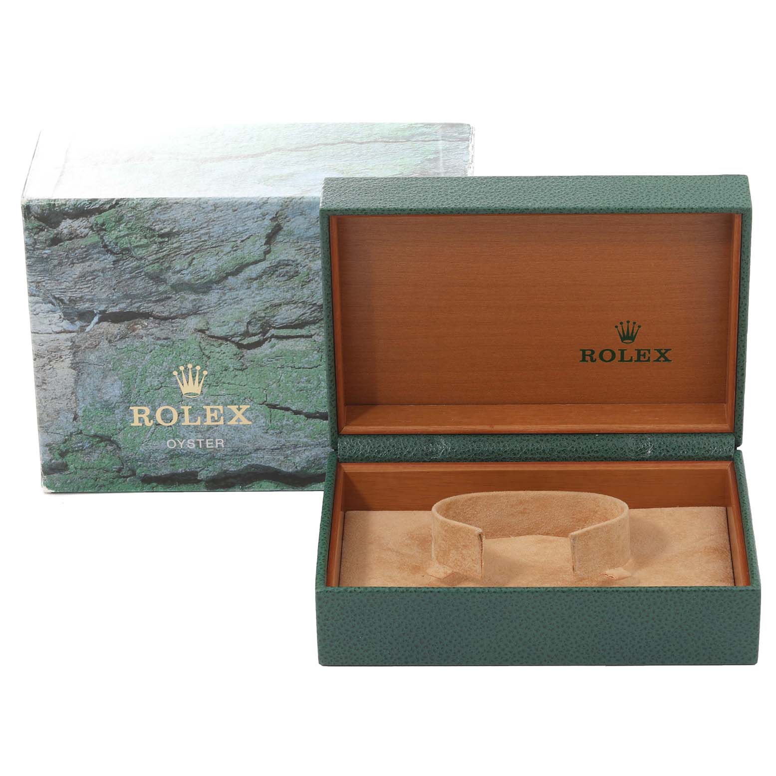 The image shows an open Rolex Datejust 16233 Men's Steel and Gold (two tone) Blue Dial 16233 Men's Steel and Gold (two tone) Blue Dial box with the inner cushion and the outer packaging from a front angle.