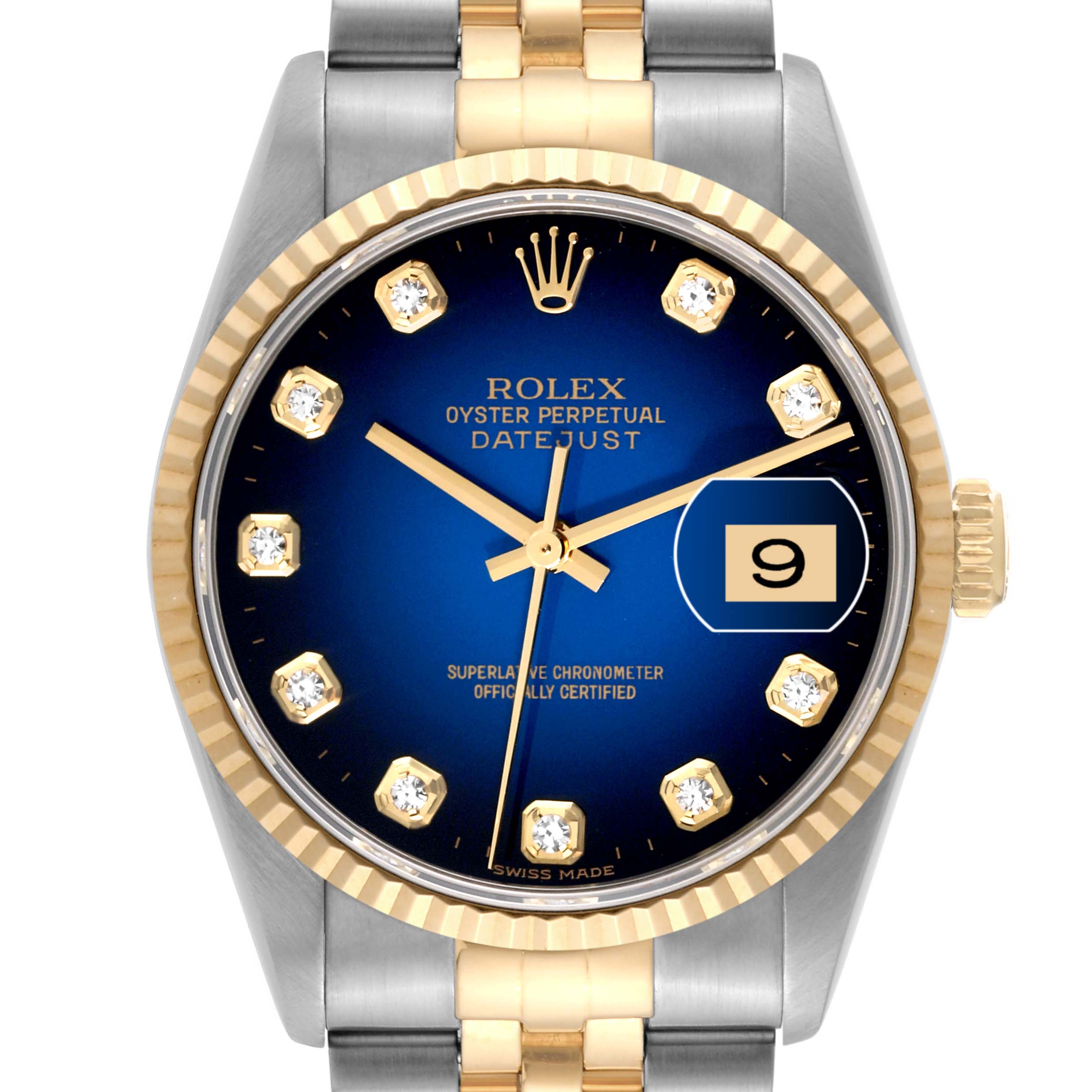 A front view of a Rolex Datejust 16233 Men's Steel and Gold (two tone) Blue Dial 16233 Men's Steel and Gold (two tone) Blue Dial watch, displaying its blue dial, gold indices, gold bezel, and two-tone bracelet.