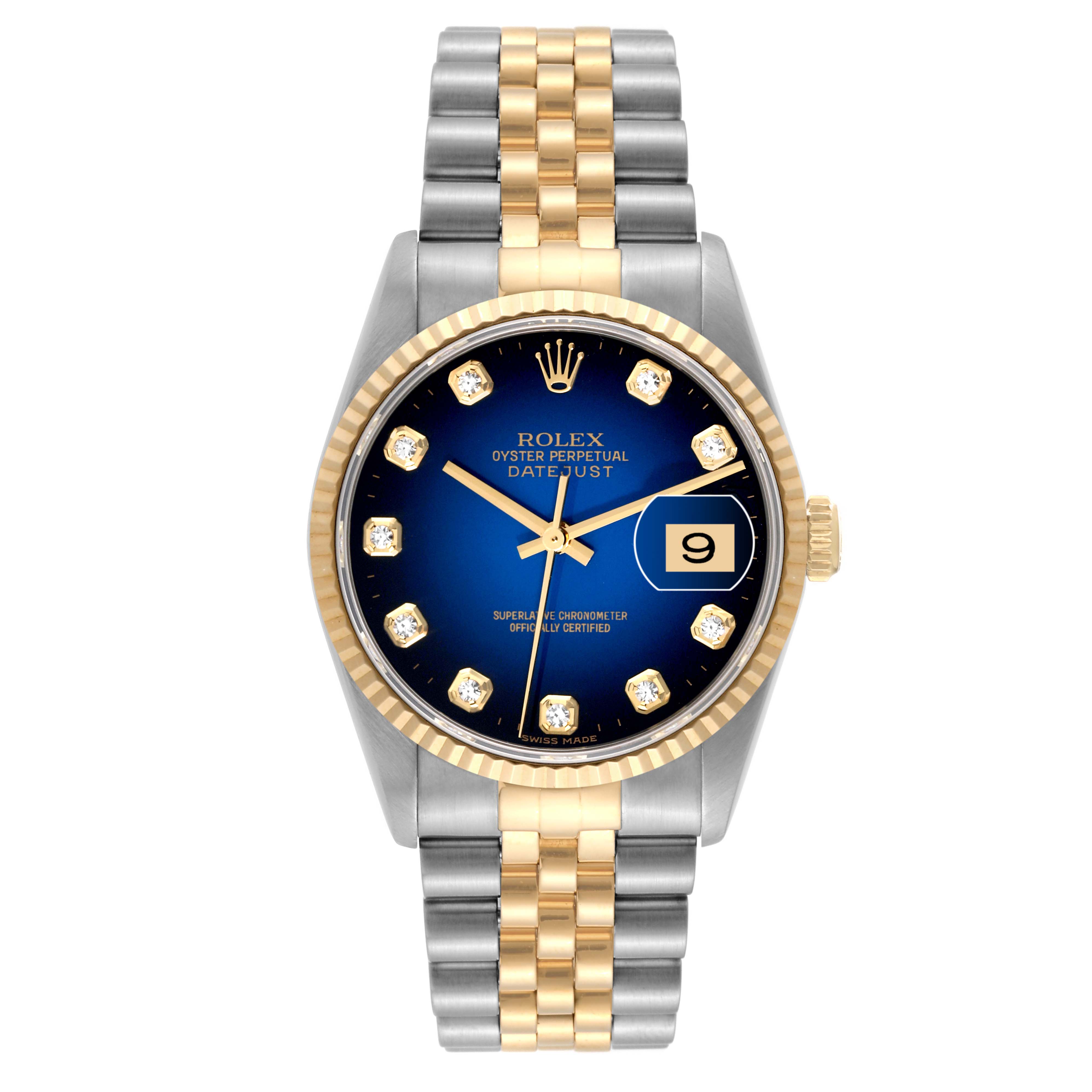 The Rolex Datejust 16233 Men's Steel and Gold (two tone) Blue Dial 16233 Men's Steel and Gold (two tone) Blue Dial watch is shown from a top-down angle, displaying the face, bezel, dial, hands, and bracelet.