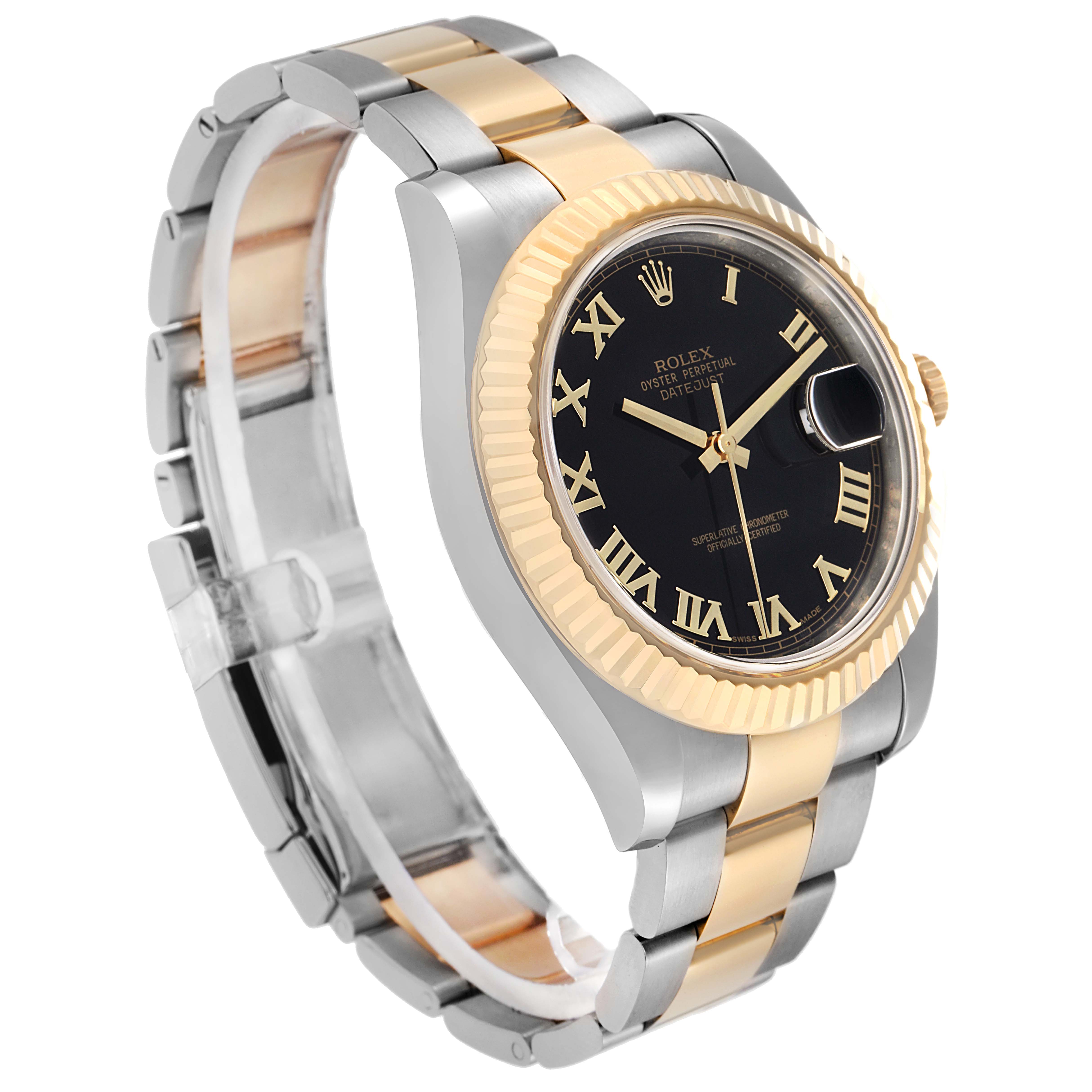 The image shows a Rolex Datejust 41 model 116333 at a three-quarter angle, highlighting the two-tone bracelet, fluted bezel, and black dial with Roman numerals.