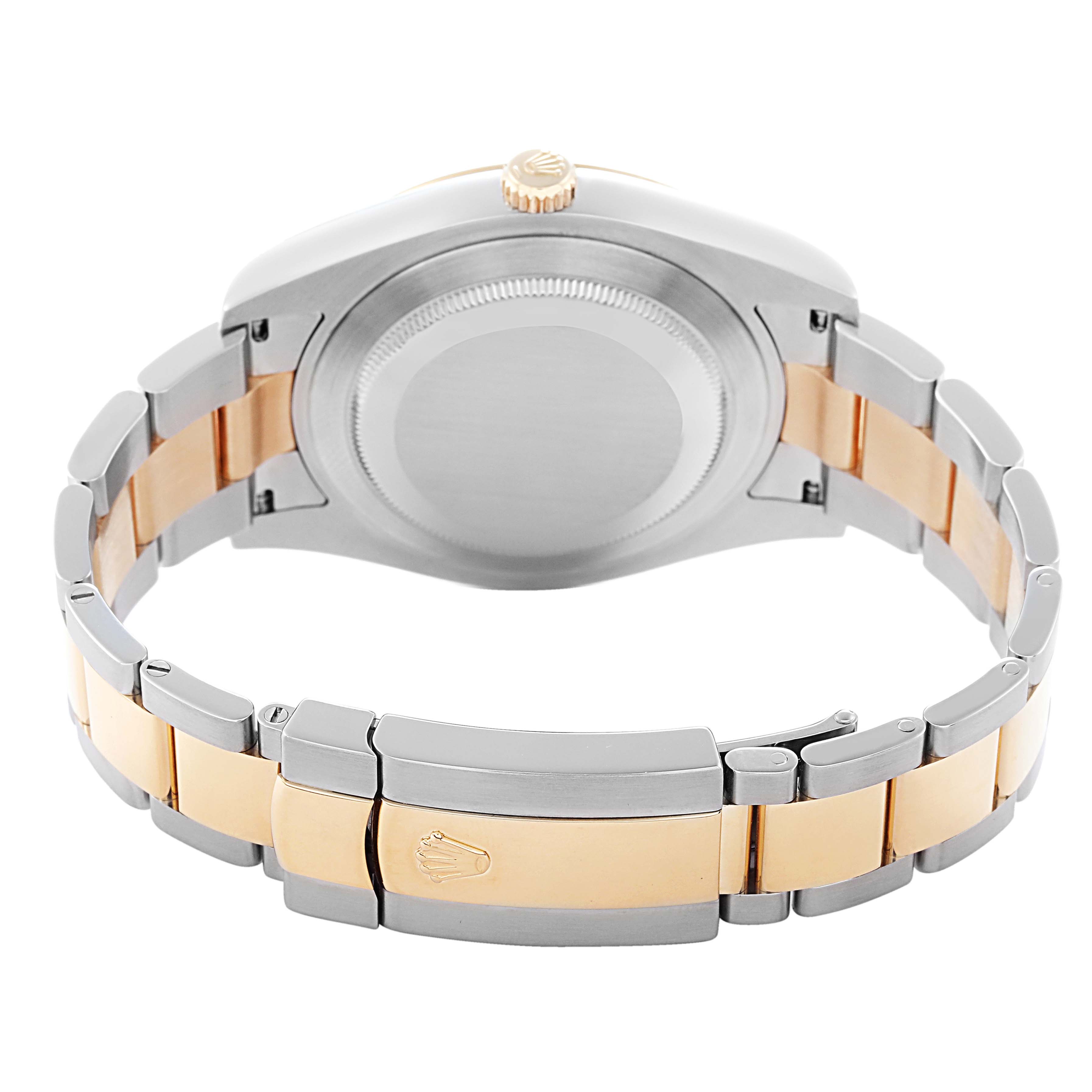 The image shows the back view of a Rolex Datejust 41 model 116333, focusing on the case back, crown, and bi-color bracelet with the clasp visible.