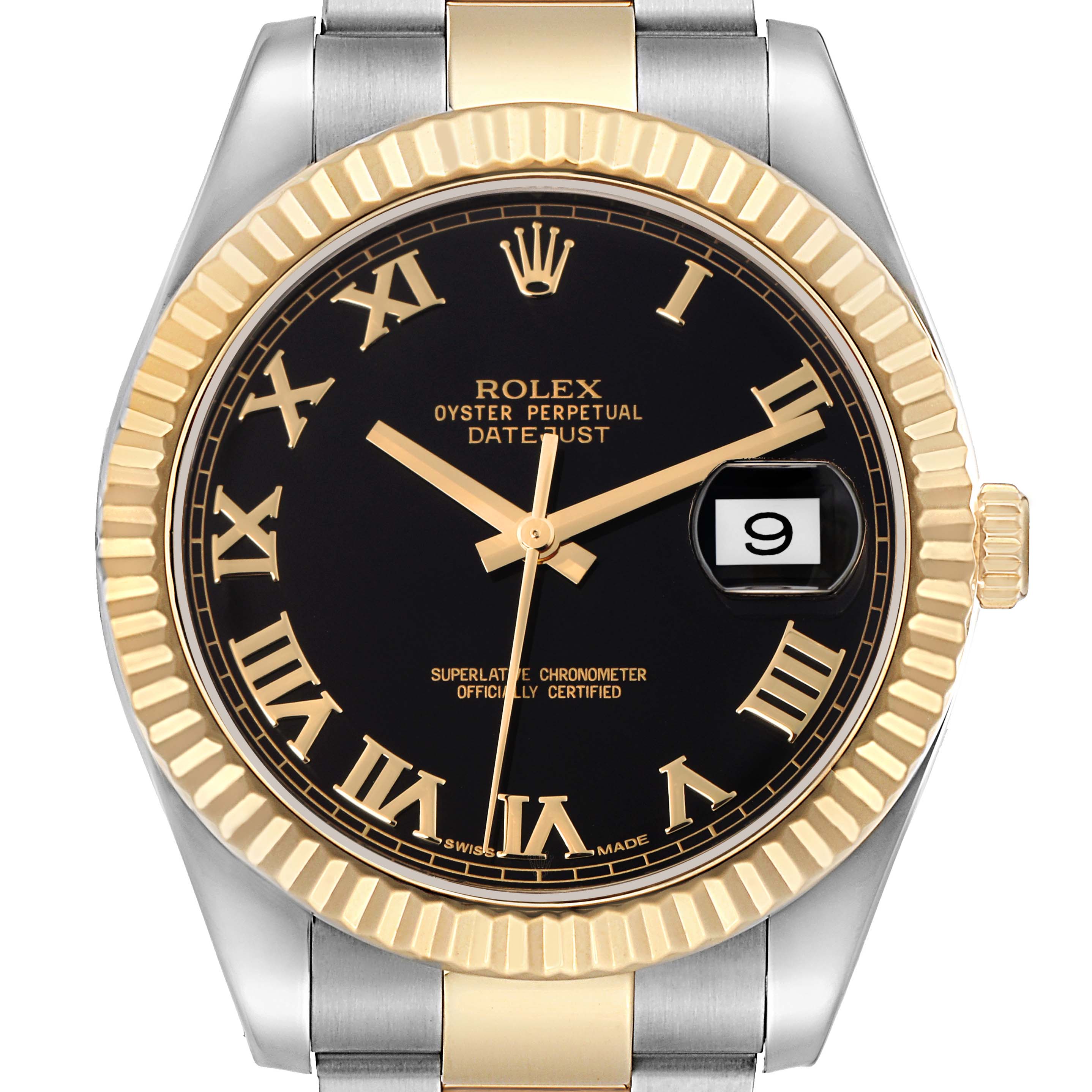 The Rolex Datejust 41, model number 116333, is shown from a front angle, featuring its black dial, gold Roman numerals, fluted bezel, and date window.