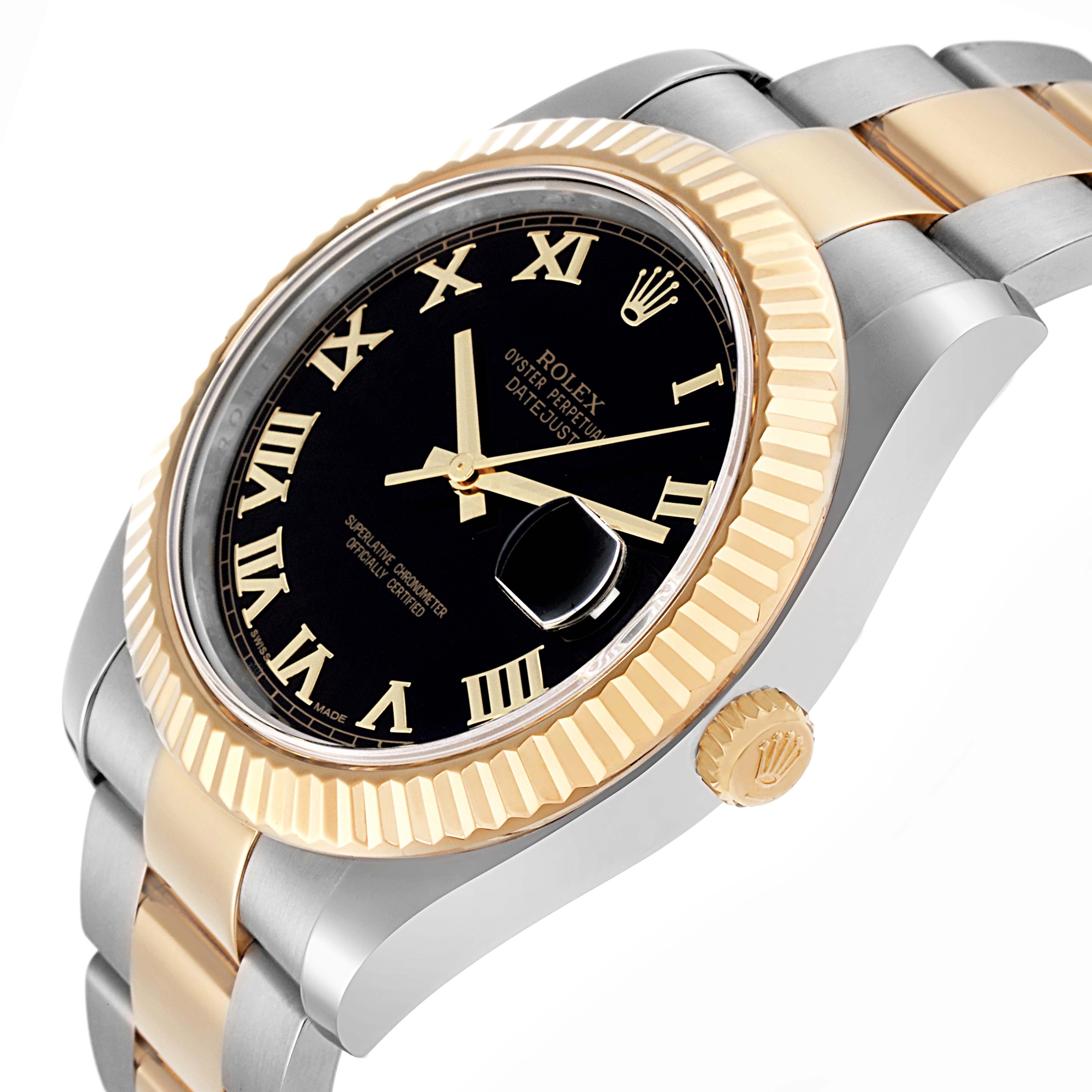 The Rolex Datejust 41 model 116333 is shown from a perspective angle, highlighting the gold fluted bezel, black dial with Roman numerals, and two-tone bracelet.