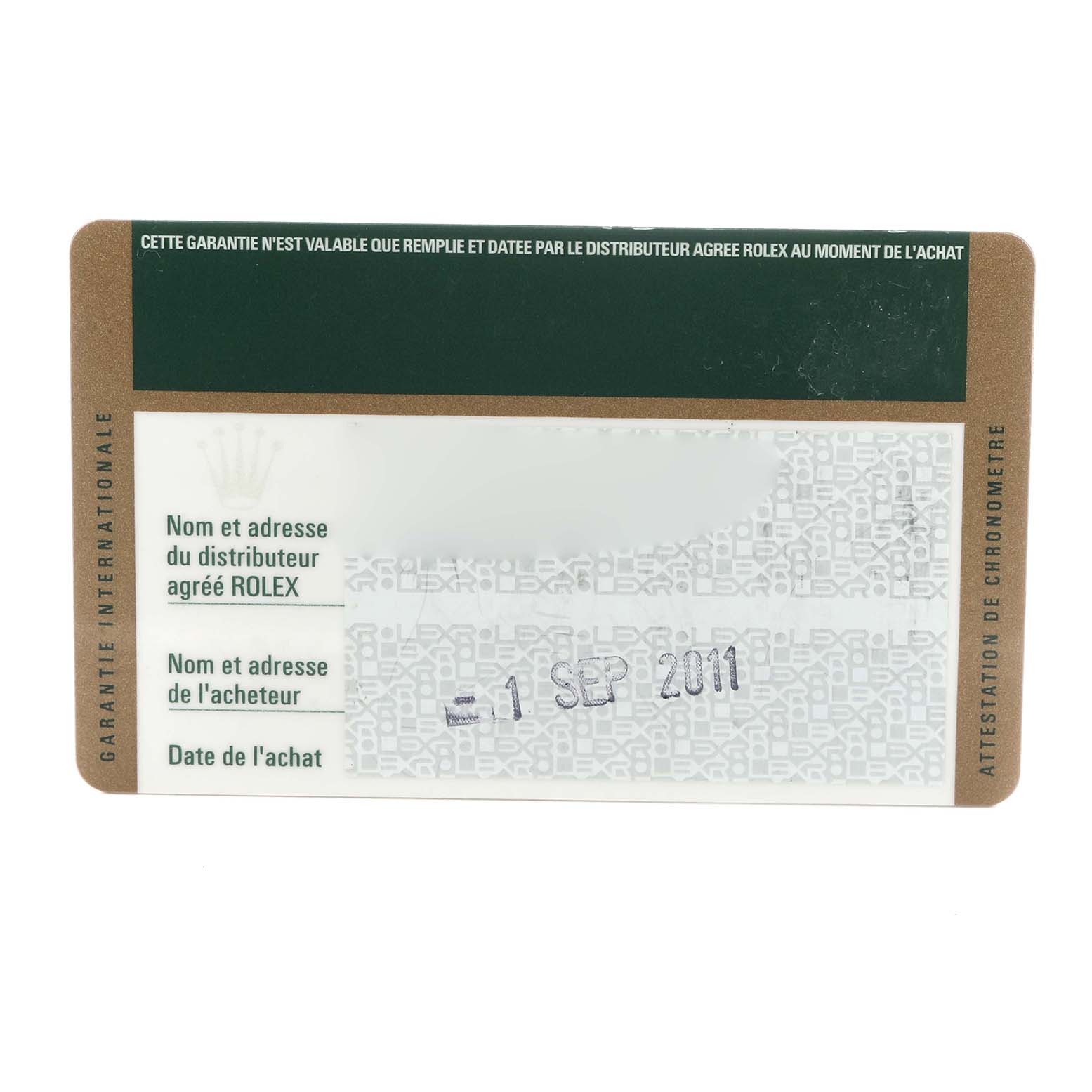 This image shows the warranty card for a Rolex Datejust 41, model number 116333, displaying brand information and a purchase date stamp.