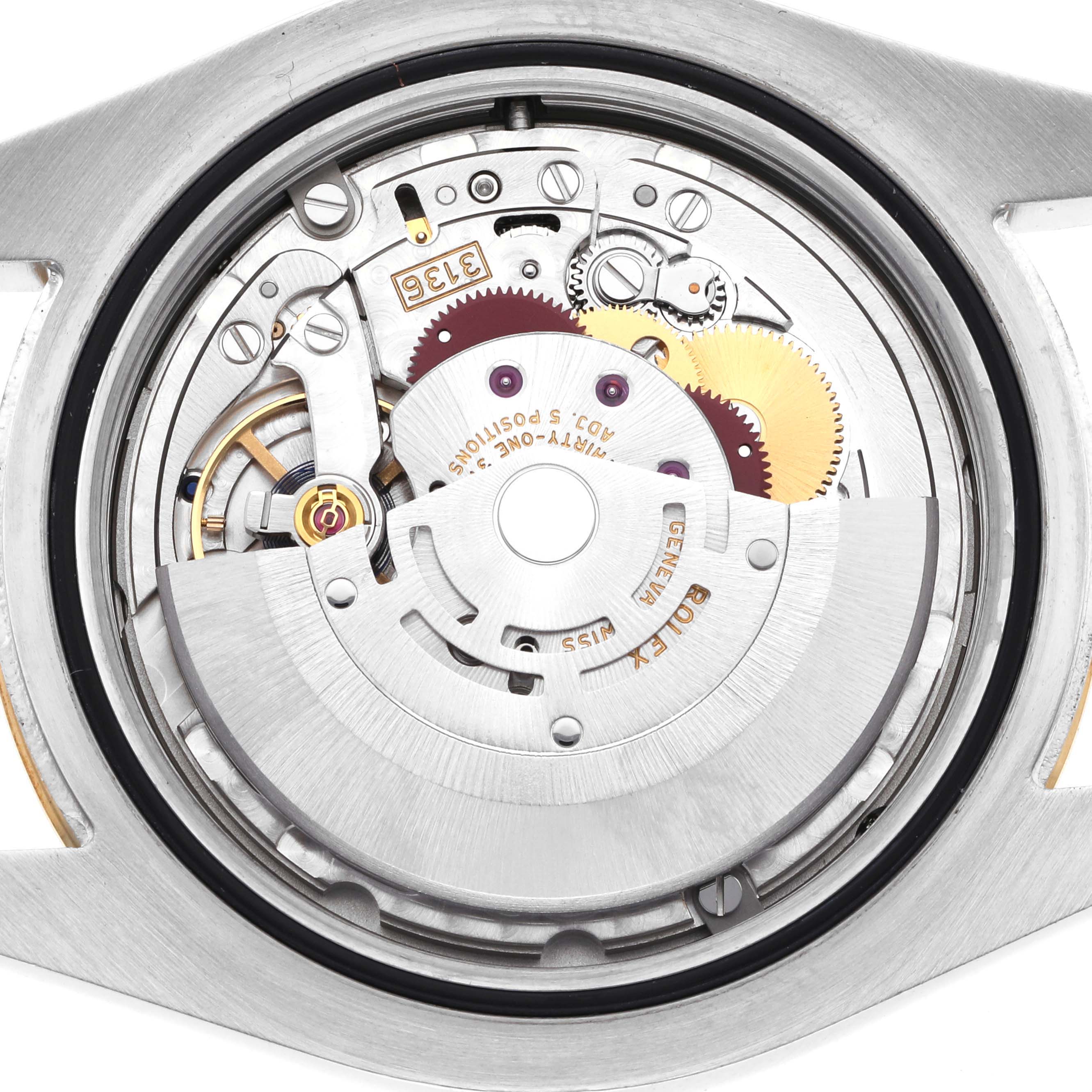The image shows the movement from the back of a Rolex Datejust 41, model 116333, highlighting internal components like gears and the rotor.