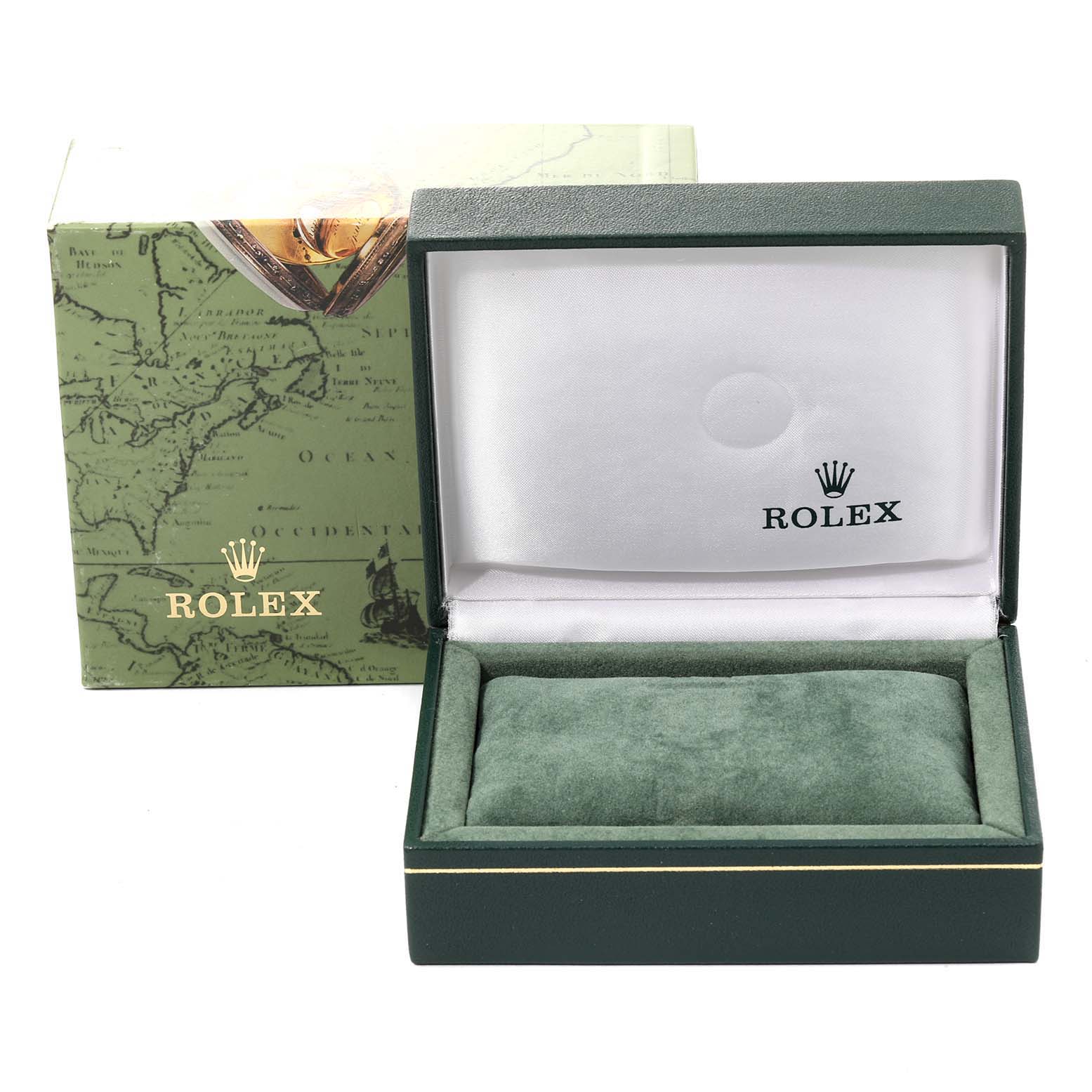 The image shows the open box and outer packaging for a Mid-Size Rolex watch.