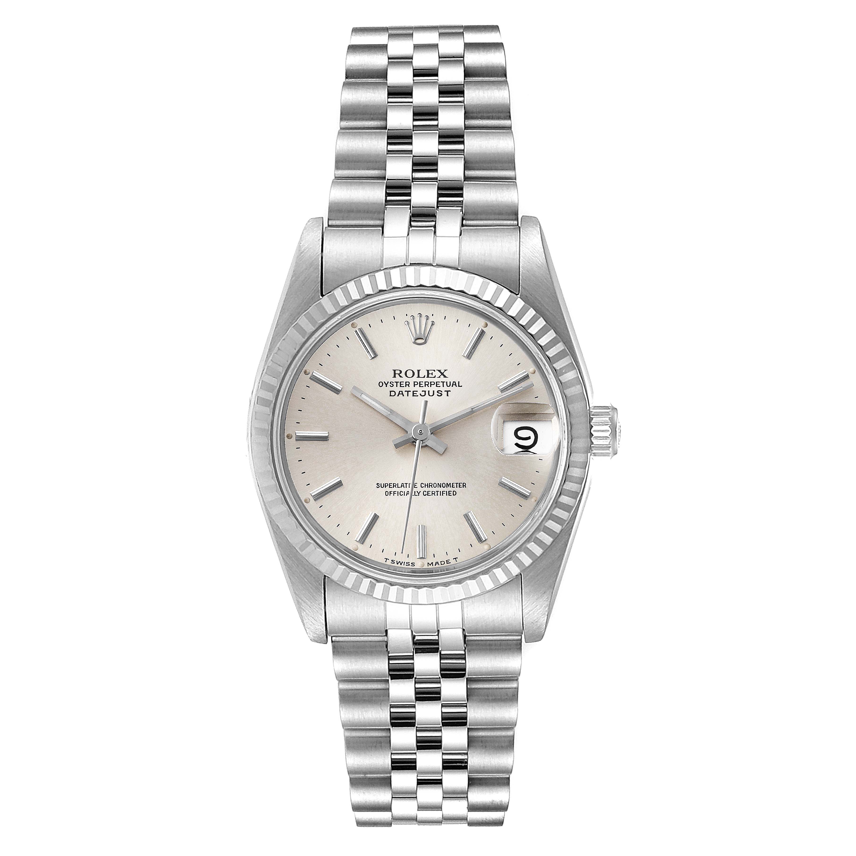 This image displays a front view of a Rolex Mid-Size 68274 Women's Stainless Steel Silver Dial 68274 Women's Stainless Steel Silver Dial Oyster Perpetual Datejust watch, highlighting the dial, bracelet, and crown.