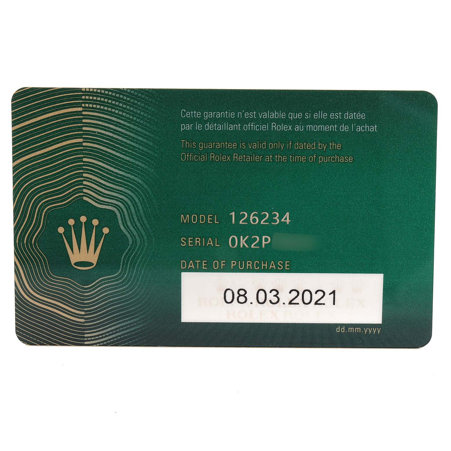 This image shows a certification card for the Rolex Datejust 126234 Men
s Stainless Steel Black Dial 126234 Men
s Stainless Steel Black Dial model 126234, including its serial number and date of purchase.