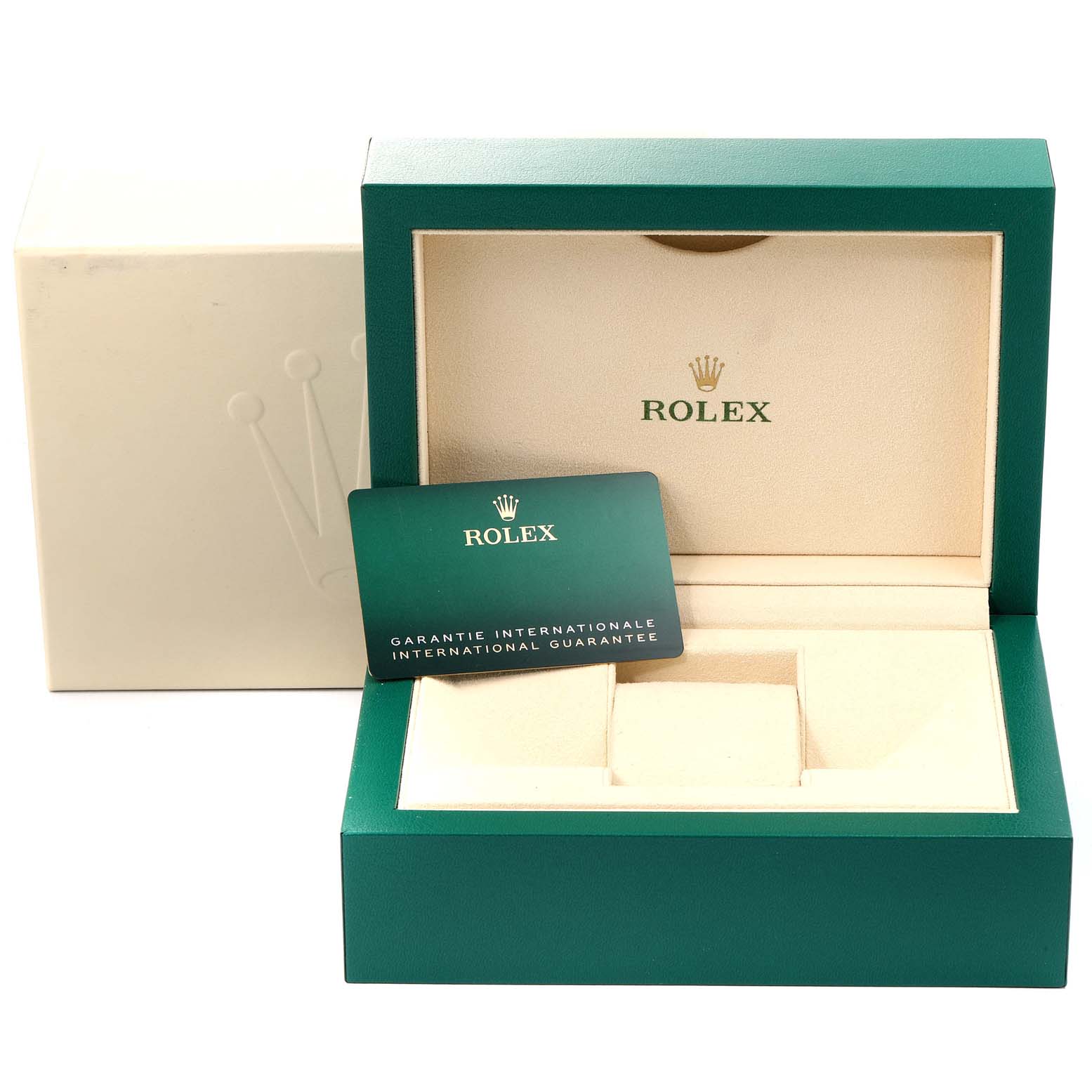 The image shows a Rolex Datejust 126234 Men
s Stainless Steel Black Dial 126234 Men
s Stainless Steel Black Dial watch box and international guarantee card from a front angle.