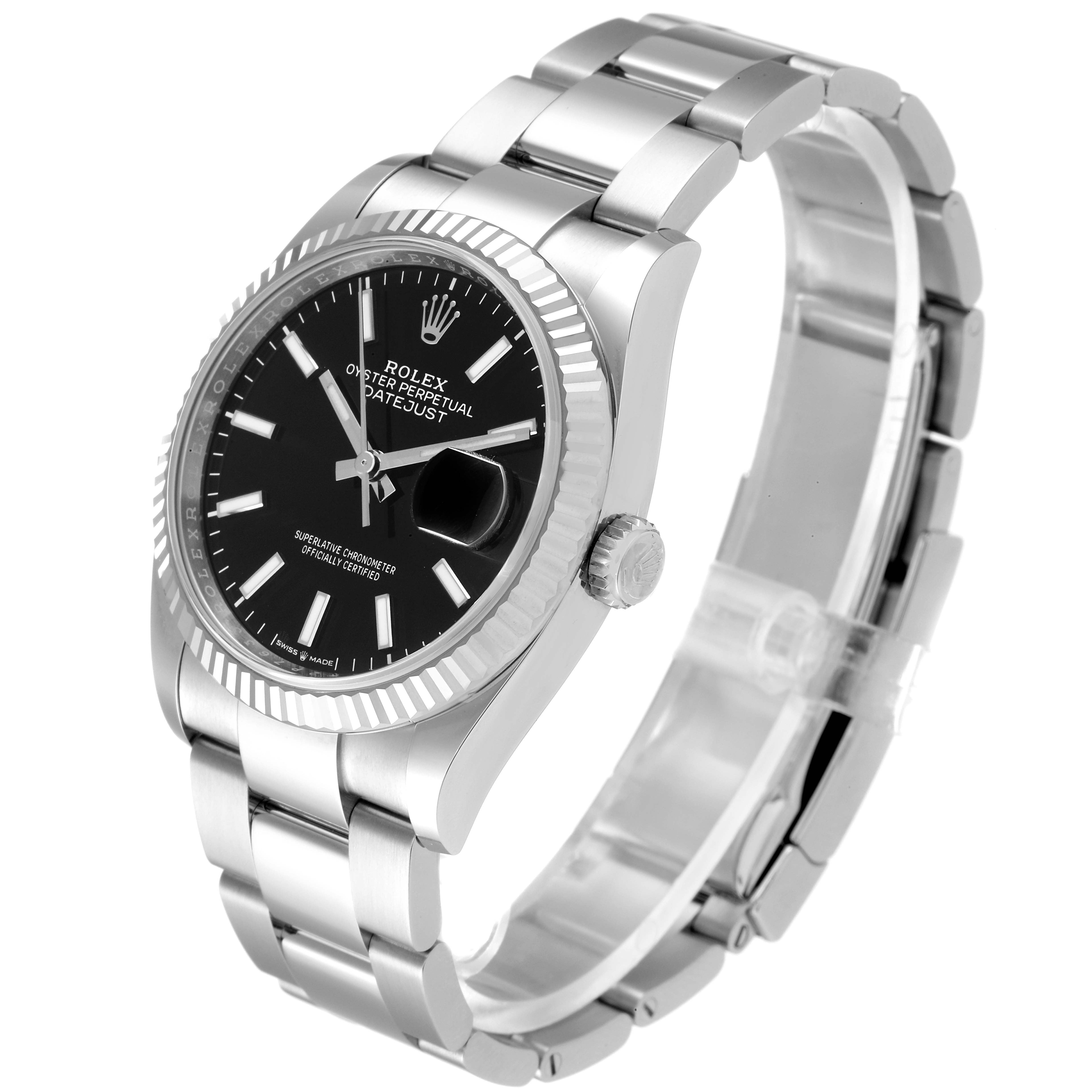 This image shows a Rolex Datejust 126234 Men
s Stainless Steel Black Dial 126234 Men
s Stainless Steel Black Dial watch at an angled view, featuring its black dial, fluted bezel, and stainless steel bracelet.