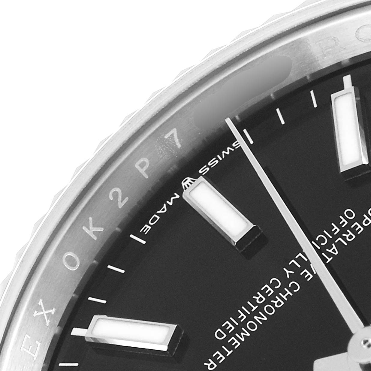 The image shows a close-up of the dial and bezel of a Rolex Datejust 126234 Men
s Stainless Steel Black Dial 126234 Men
s Stainless Steel Black Dial watch, focusing on the hour markers and text details.