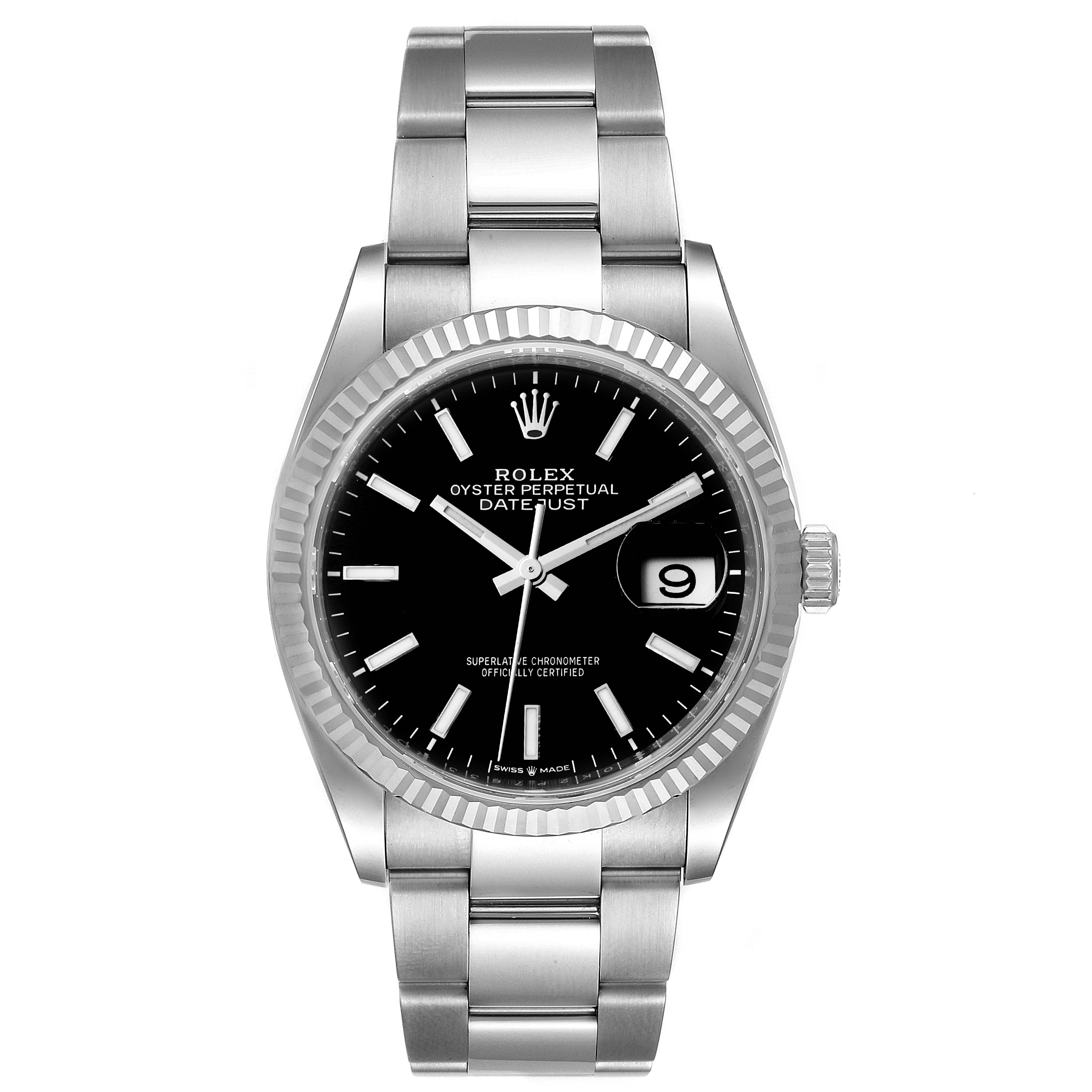 This image shows a Rolex Datejust 126234 Men
s Stainless Steel Black Dial 126234 Men
s Stainless Steel Black Dial watch from the front, displaying the dial, hands, bezel, bracelet, and date window.