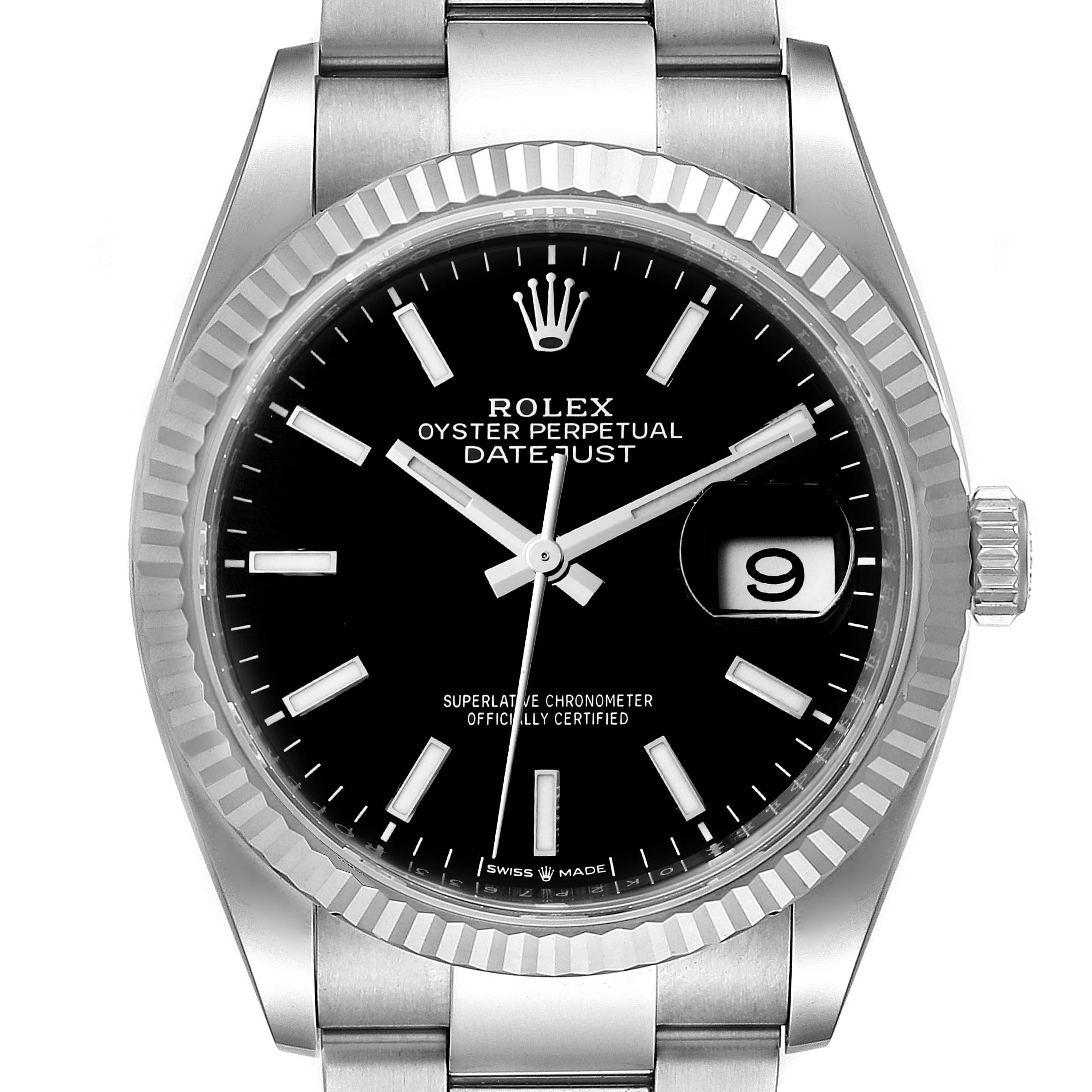 This image shows a frontal view of the Rolex Datejust 126234 Men
s Stainless Steel Black Dial 126234 Men
s Stainless Steel Black Dial watch, highlighting its black dial, fluted bezel, and date display.