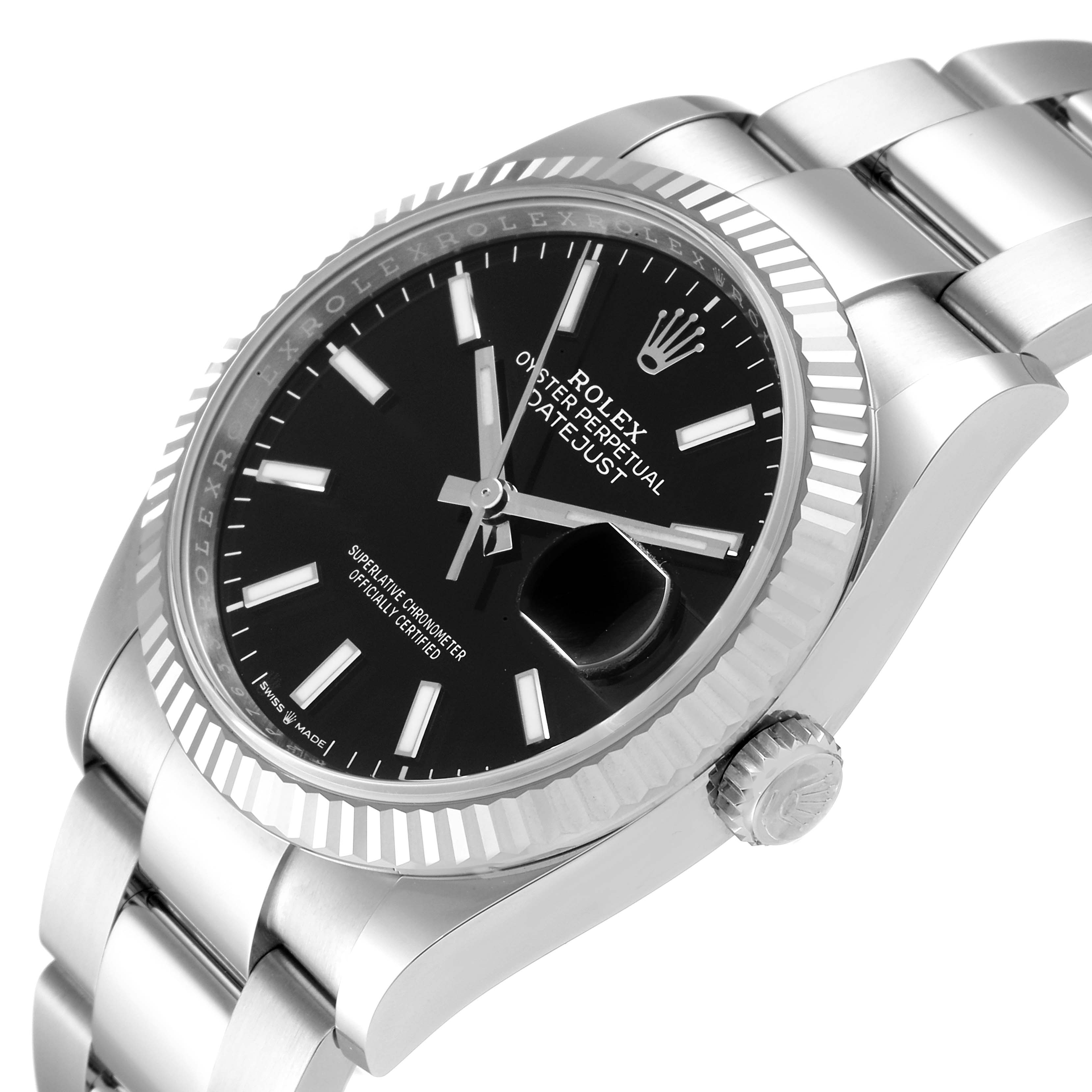 This image shows a side angle view of the Rolex Datejust 126234 Men
s Stainless Steel Black Dial 126234 Men
s Stainless Steel Black Dial watch, focusing on the dial, bezel, crown, and part of the bracelet.