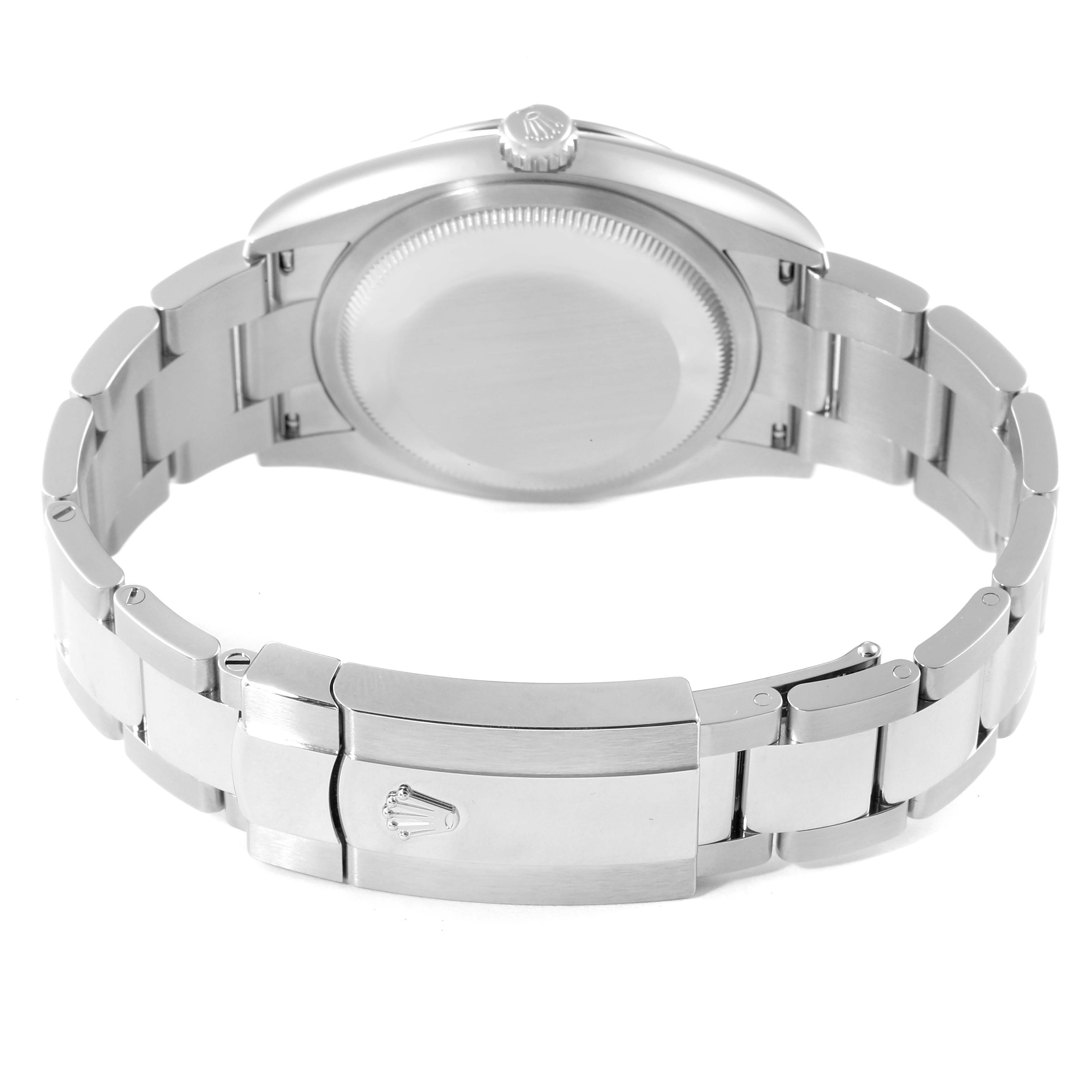 The image shows the back view of a Rolex Datejust 126234 Men
s Stainless Steel Black Dial 126234 Men
s Stainless Steel Black Dial watch, including its case back, crown, and metal bracelet with clasp.