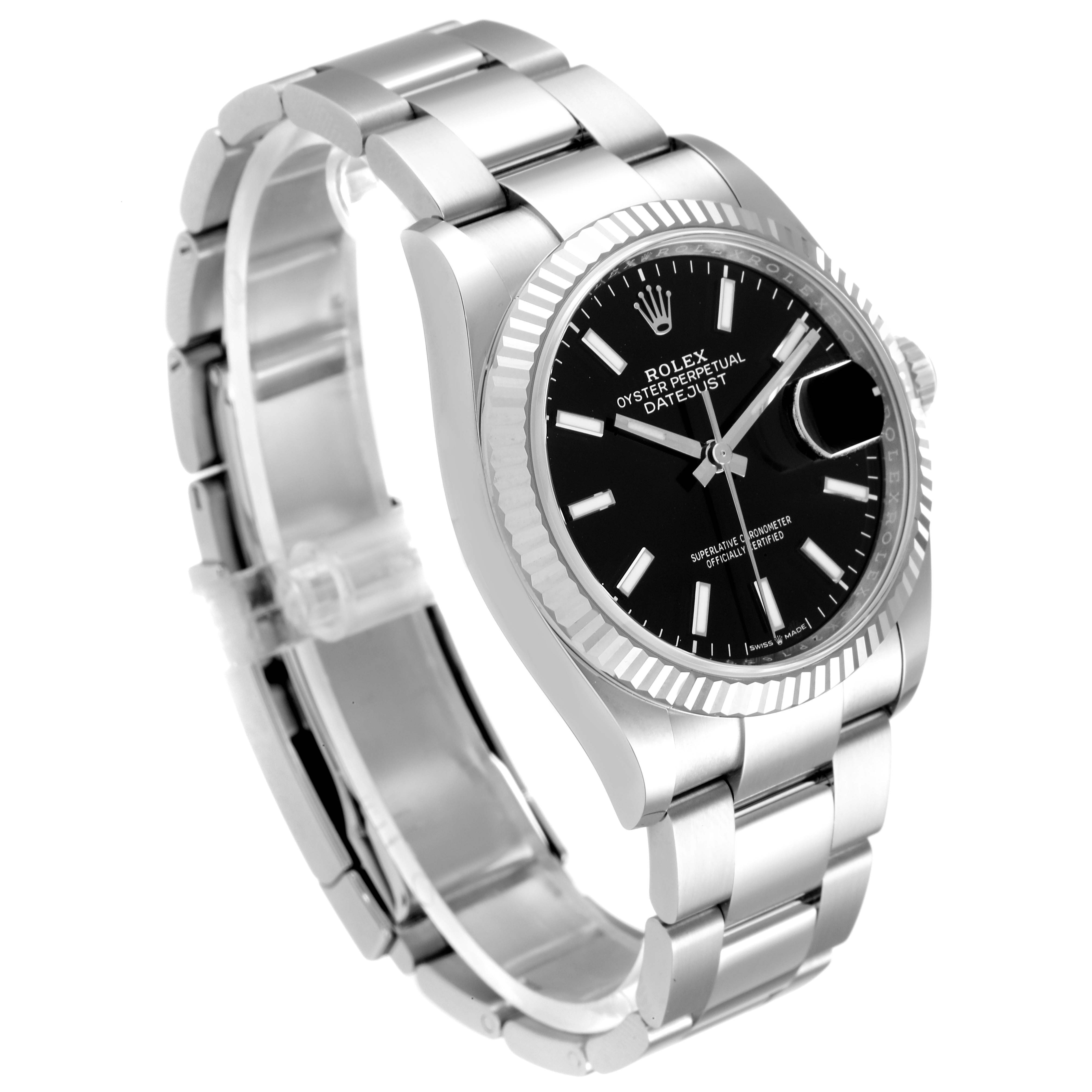 This image shows a Rolex Datejust 126234 Men
s Stainless Steel Black Dial 126234 Men
s Stainless Steel Black Dial watch angled from the front left, highlighting the dial, bezel, and bracelet.