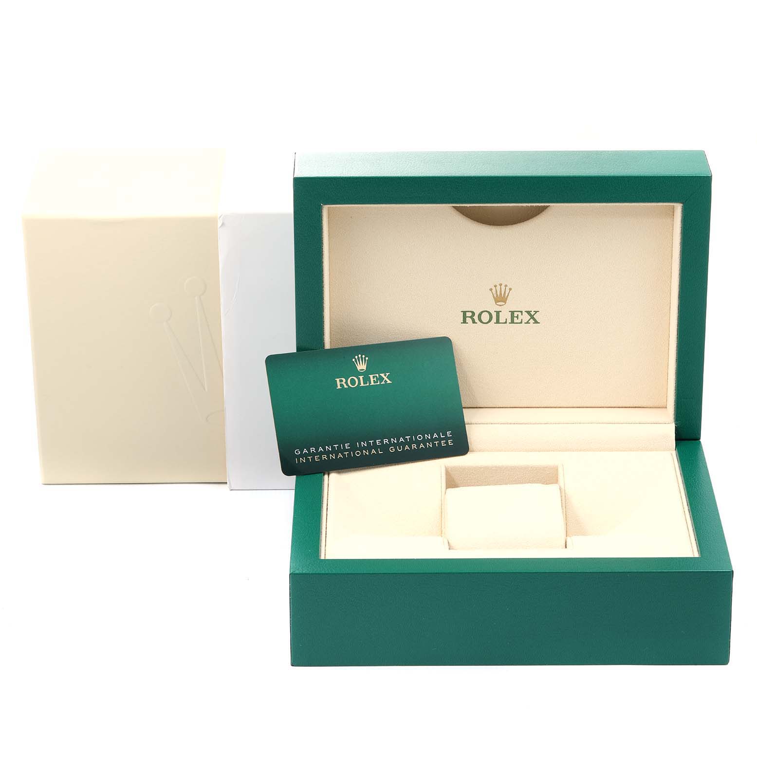 The image shows the packaging and warranty card for a Rolex Datejust 126234 Men
s Stainless Steel Black Dial 126234 Men
s Stainless Steel Black Dial watch.