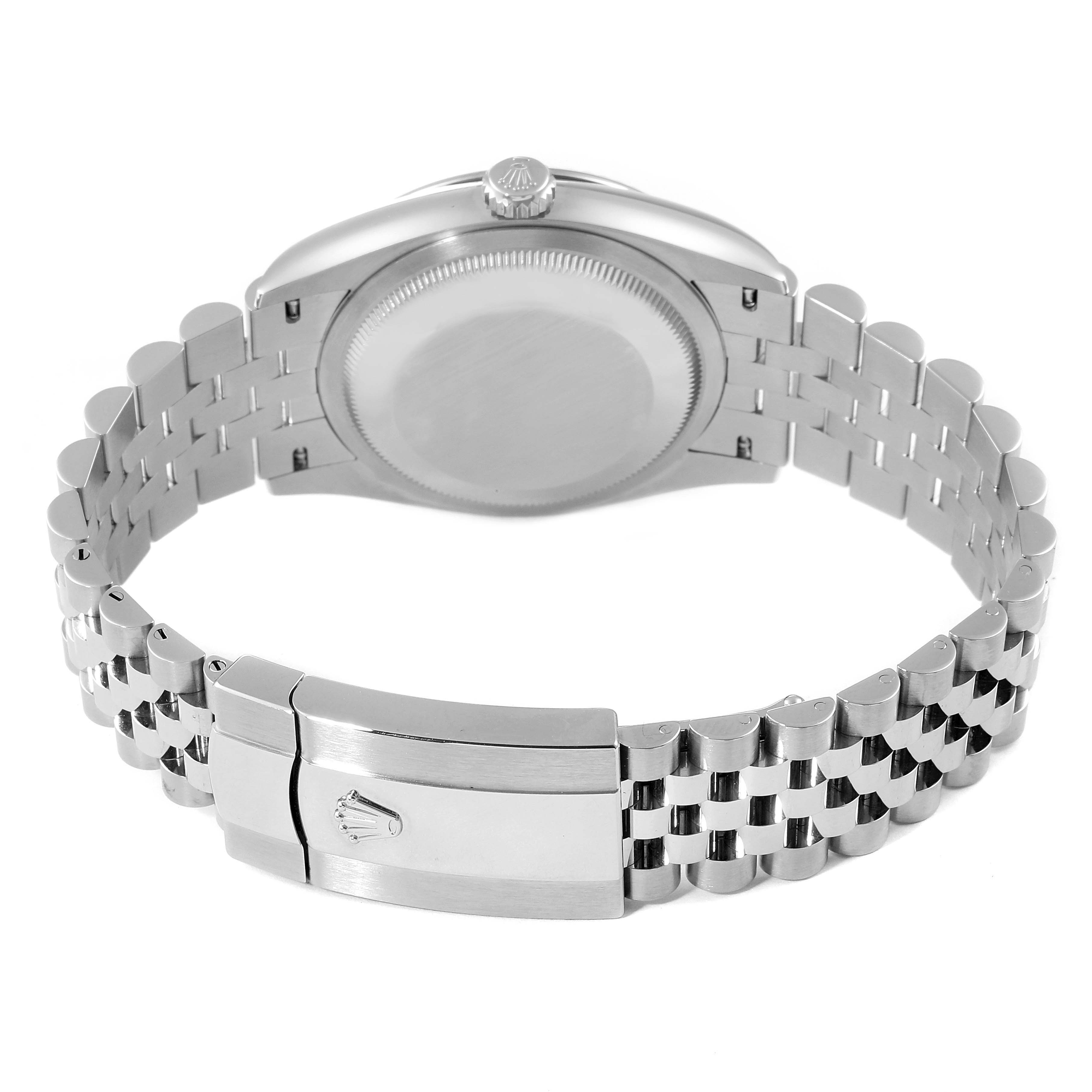 The image shows the back view of a Rolex Datejust 126234 Men
s Stainless Steel Black Dial 126234 Men
s Stainless Steel Black Dial model, highlighting the case back and metal bracelet with clasp.